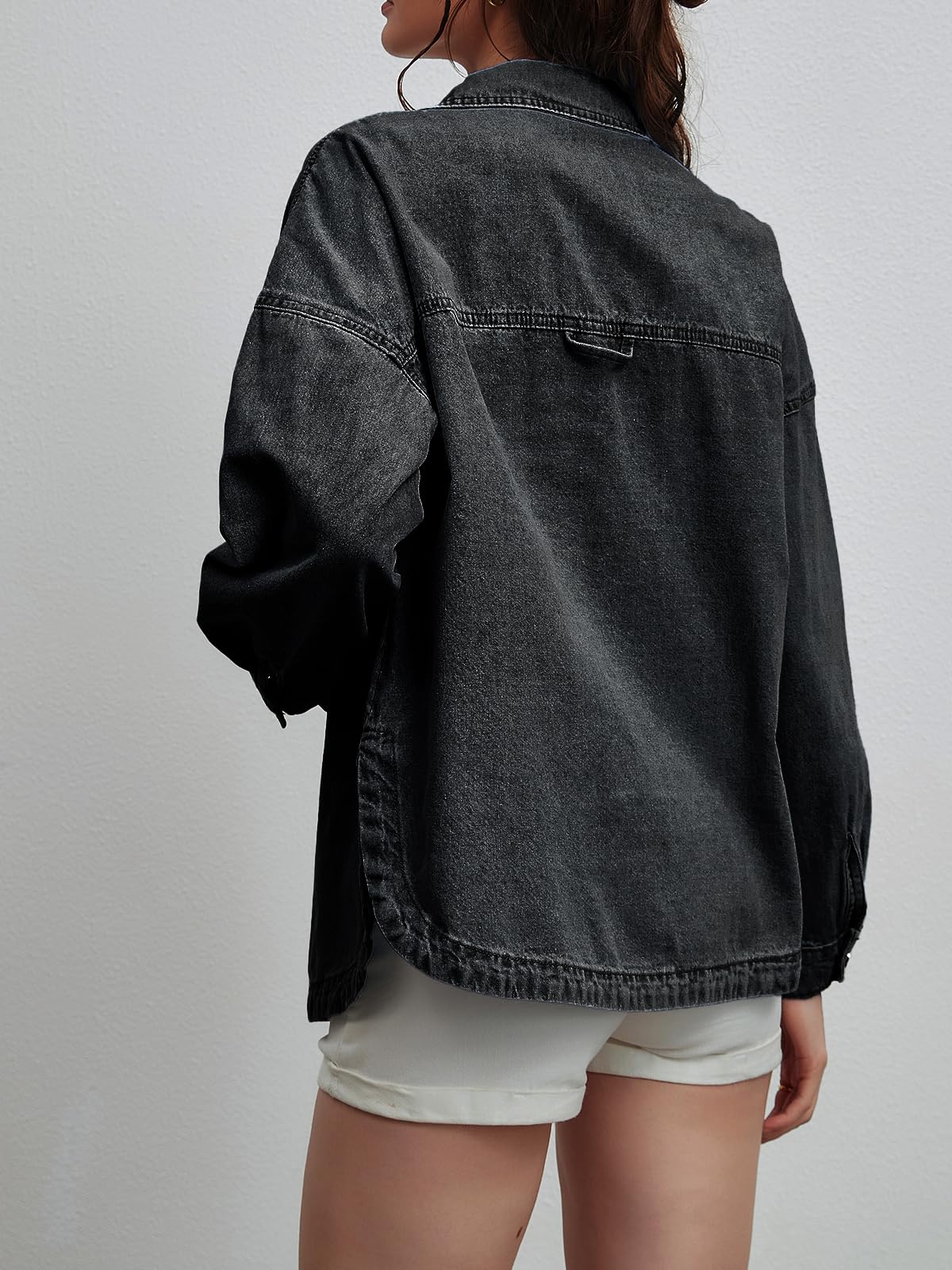 LifeShe Women Denim Shirt Jean Jacket Oversize Button Down Shirt Long Sleeve Jean Tops Trendy Shackets