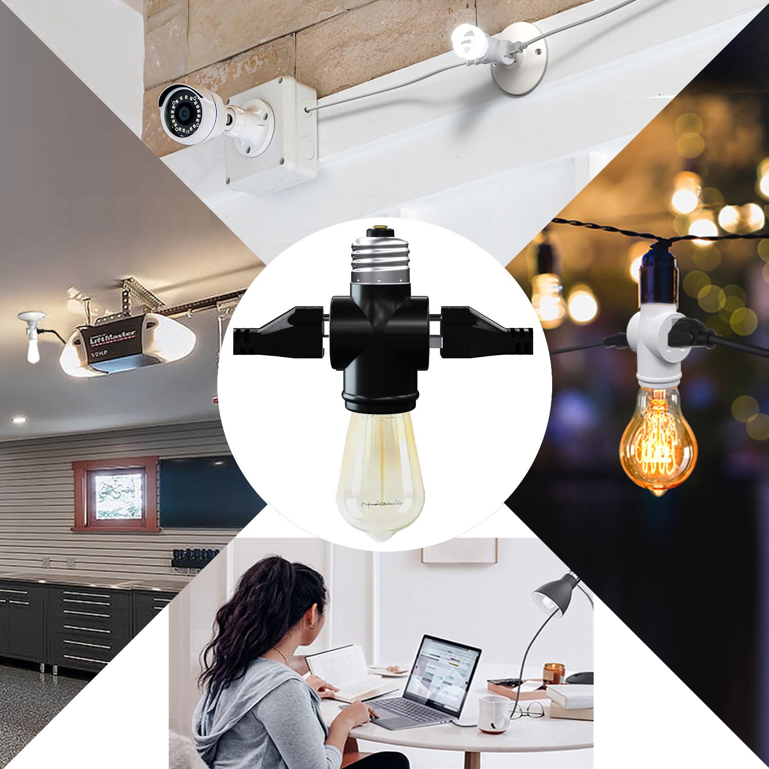 Light Socket Adapter, Convert E26 Light Socket to 3-Prong Outlet Adapter and Light Bulb Socket, 1 Pack(White)