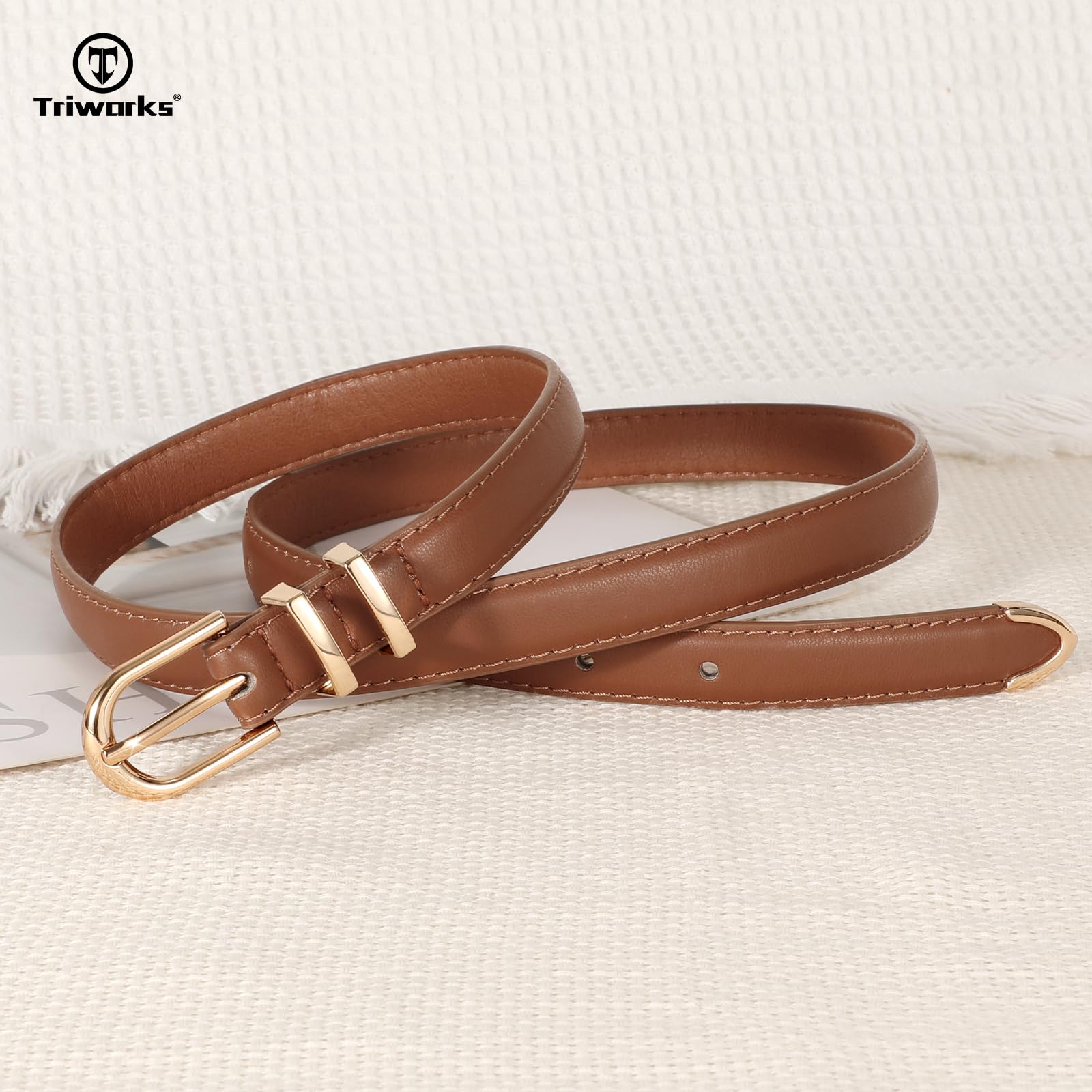 TRIWORKS 2 Pack Women Skinny Leather Belts for Jeans Pants Thin Faux Leather Belt with Gold Buckle