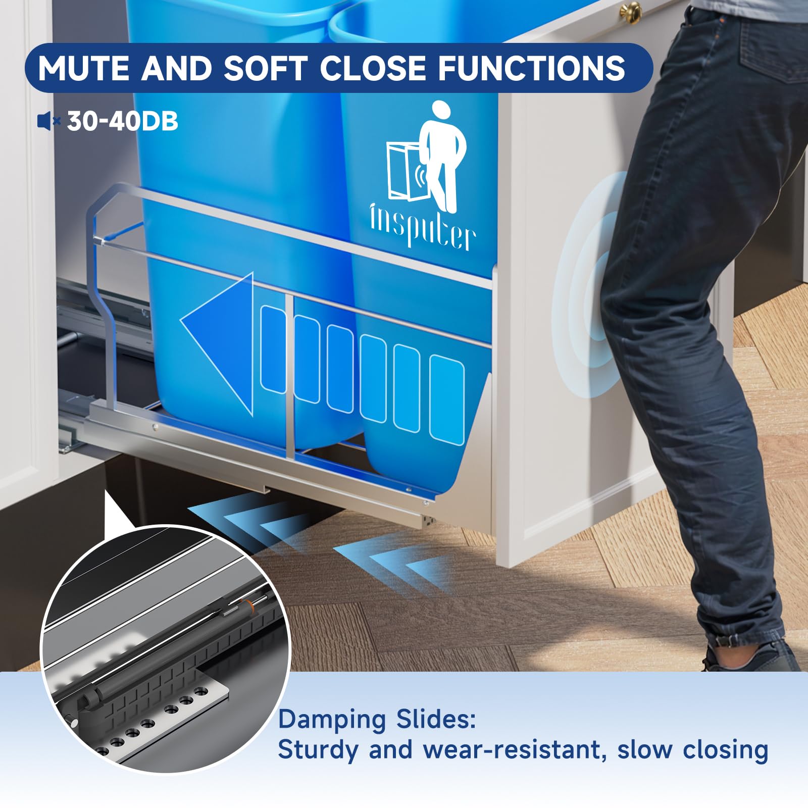 Insputer Pull Out Trash Can Under Cabinet with Push to Open Slides, Heavy Duty Under Sink Garbage Can Kit for Kitchen, Laundry, Not Included Bin, Requires 15" W X 18" D Cabinet (Grey)