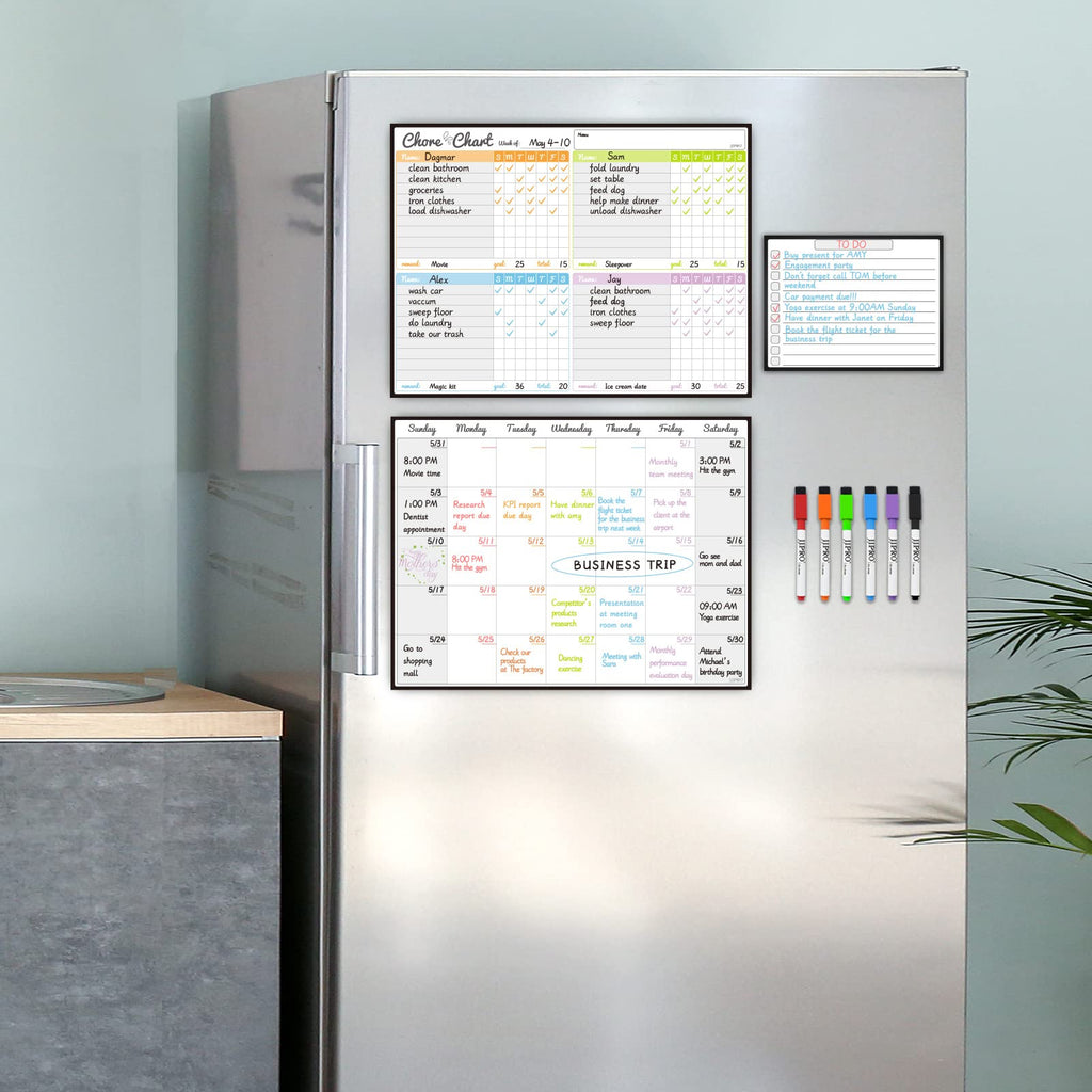 JJPRO Magnetic Dry Erase Chore Chart Set for Fridge-Used for Multiple Kids-One Chore Chart and Two Bonus Dry Erase Pad/Grocery Boards-Behavior Chart for Multiple Kids