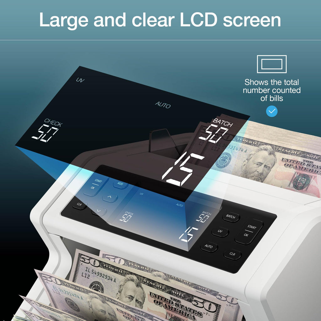 Safescan 2210 Money Counter Machine with Counterfeit Detection, Add/Batch Modes, LCD-Display, High-Speed Counts 1,000 bills per minute, 2 Point Counterfeit Check - Sorted Counter for All Currencies