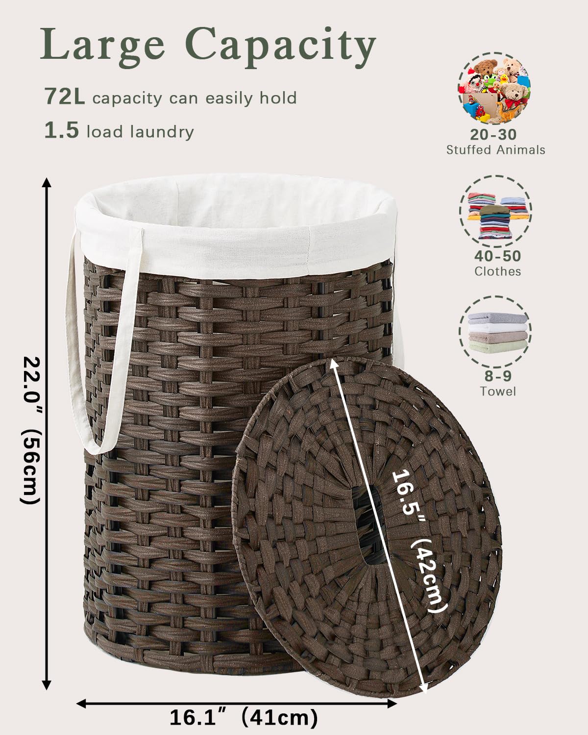 SETVSON Laundry Hamper with Lid Laundry Basket with Lid 19.0 Gal (72 L) Round Wicker Laundry Basket Handwoven Rattan Basket with Lid Removable Bag 2 Mesh Bags Handles for Living Room Bathroom Black