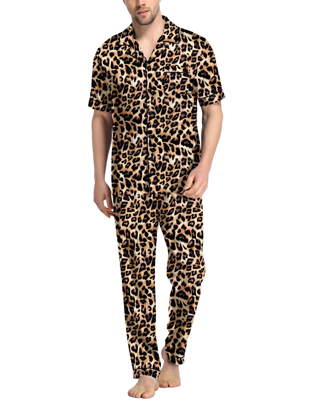 SWOMOG Mens Satin Pajama Set Short Sleeve Classic Sleepwear Button Down Silky Loungewear with Long Pants
