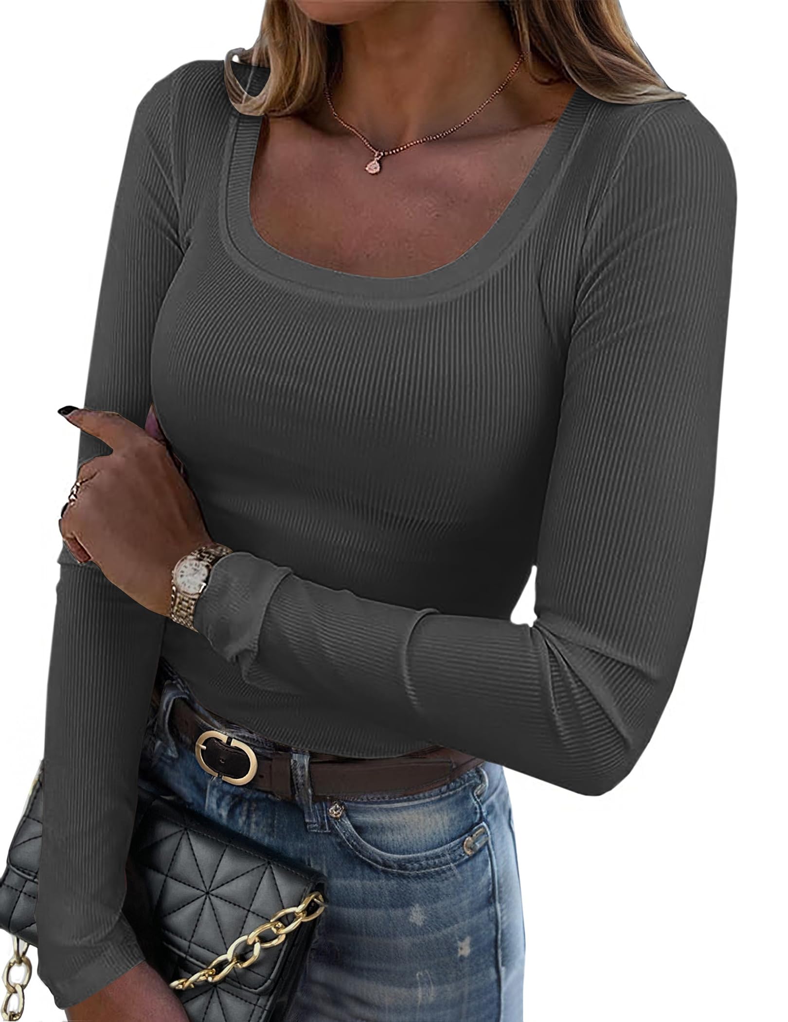 Zeagoo Women's Long Sleeve Scoop Neck Shirts Casual Slim Fit Rib Knit Tops Summer Fall Basic Business Work Tee