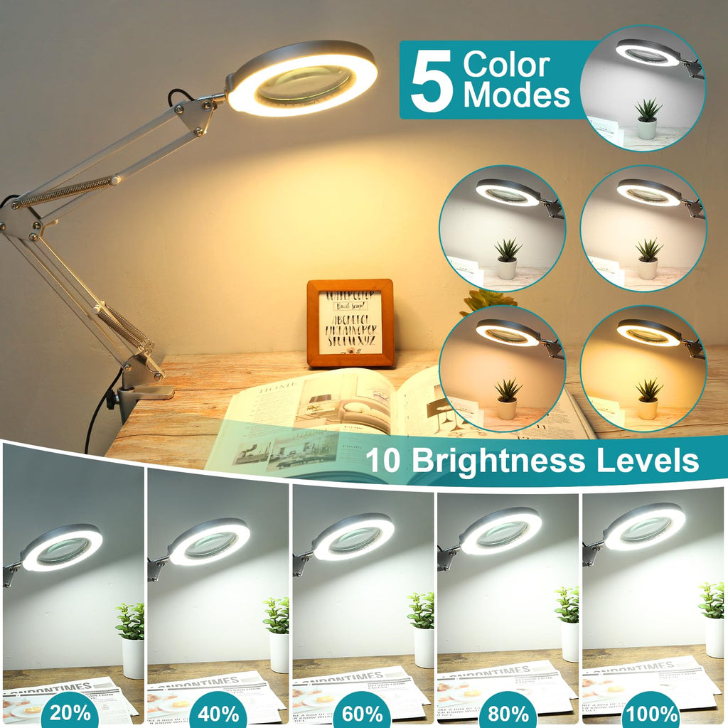 12X Magnifying Glass with Light and Stand, Real Glass, 5 Color Modes, Brightness Stepless Dimmable Lighted Magnifier Hands Free, 2-in-1 Desk Lamp & Clamp Light, Magnifier Lamp for Close Work, Reading