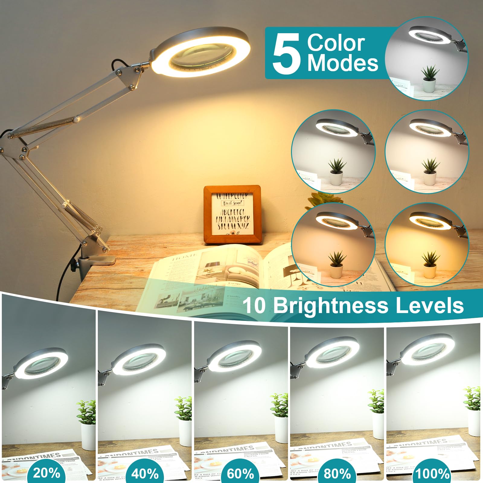 12X Magnifying Glass with Light and Stand, Real Glass, 5 Color Modes, Brightness Stepless Dimmable Lighted Magnifier Hands Free, 2-in-1 Desk Lamp & Clamp Light, Magnifier Lamp for Close Work, Reading
