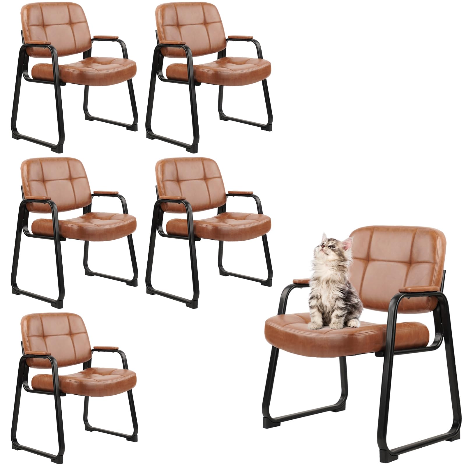 CLATINA Big & Tall 500 lbs Leather Office Reception Chair No Wheels with Padded Arms, Waiting Room Guest Chair for Elderly Home Desk Conference Room Lobby Side Salon Clinic, Black