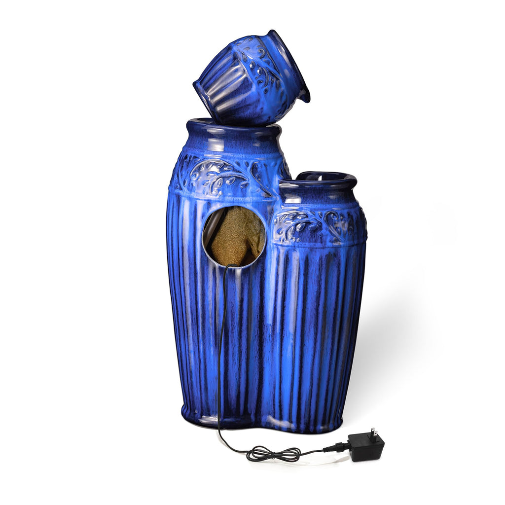 Glitzhome 27.25" H Outdoor Garden Water Fountain with LED Lights and Pump, 4 Tier Cobalt Blue Embossed Pattern Ceramic Pots Cascading Floor Standing Fountain for Porch Deck Patio Backyard Decoration