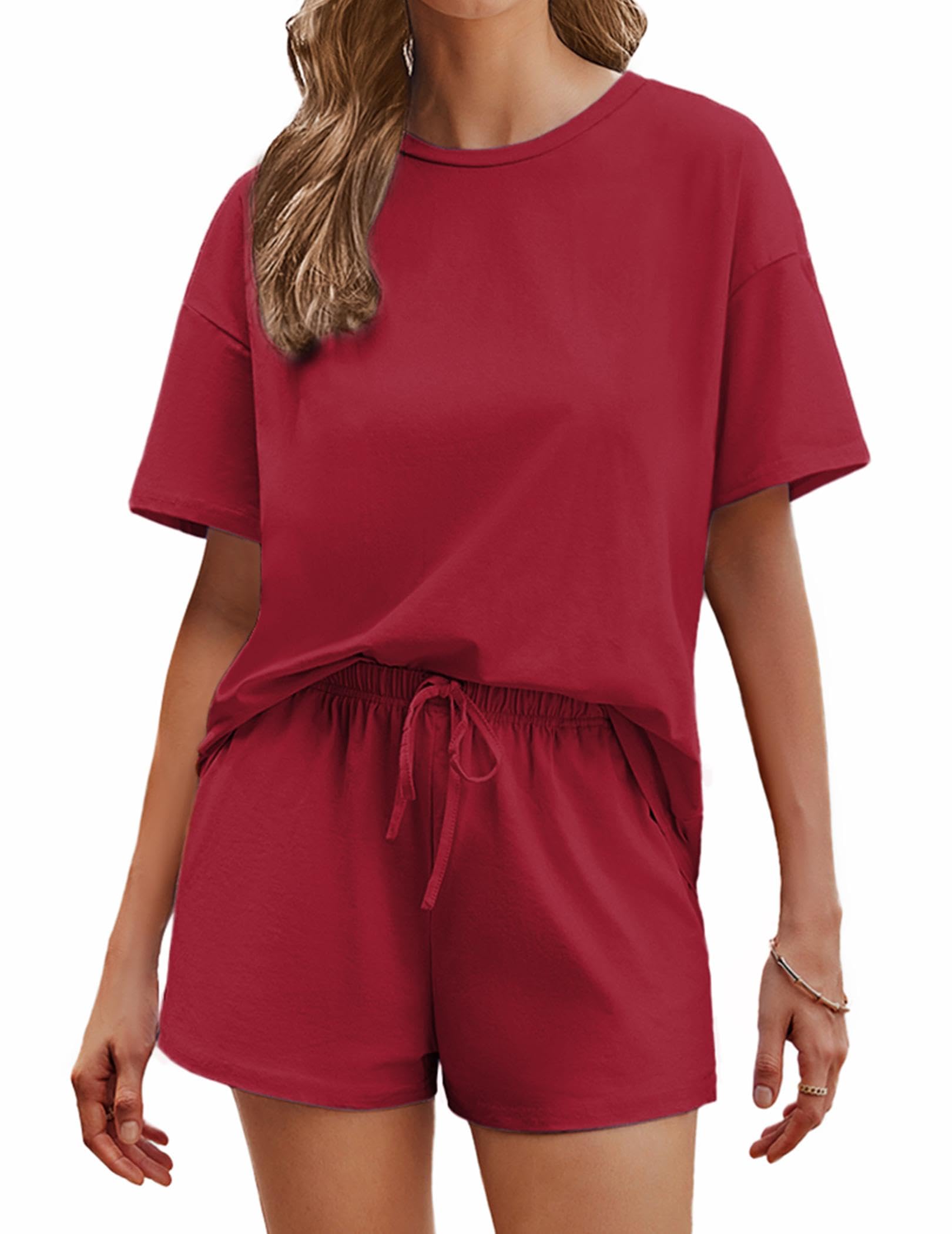 Ekouaer Cotton Pajamas Set for Womens Soft Short Sleeve Lounge Set Shorts Sleepwear Set 2 Piece Pjs Sets