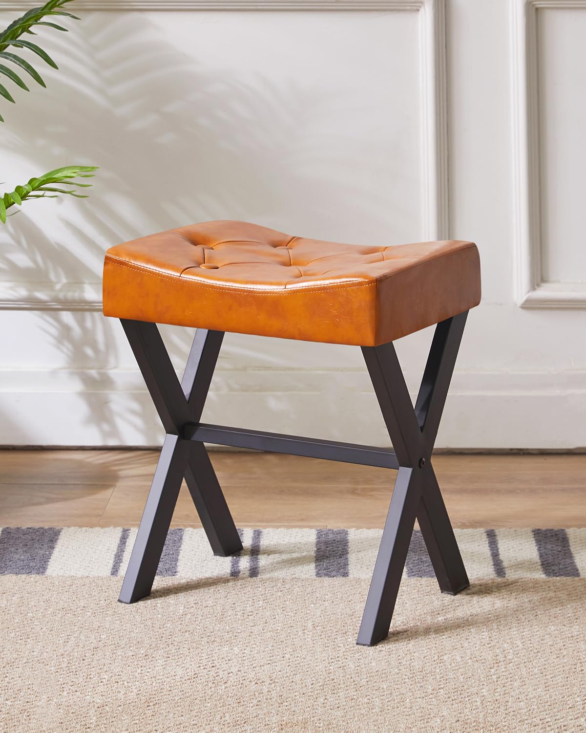 IBUYKE U-Shaped PU Vanity Stool, Square Makeup Chair with X-Leg, Ottoman Seat Footrest Stool, Multi-Use as Small Side Table, for Bedroom, Living Room, Black WBD019B
