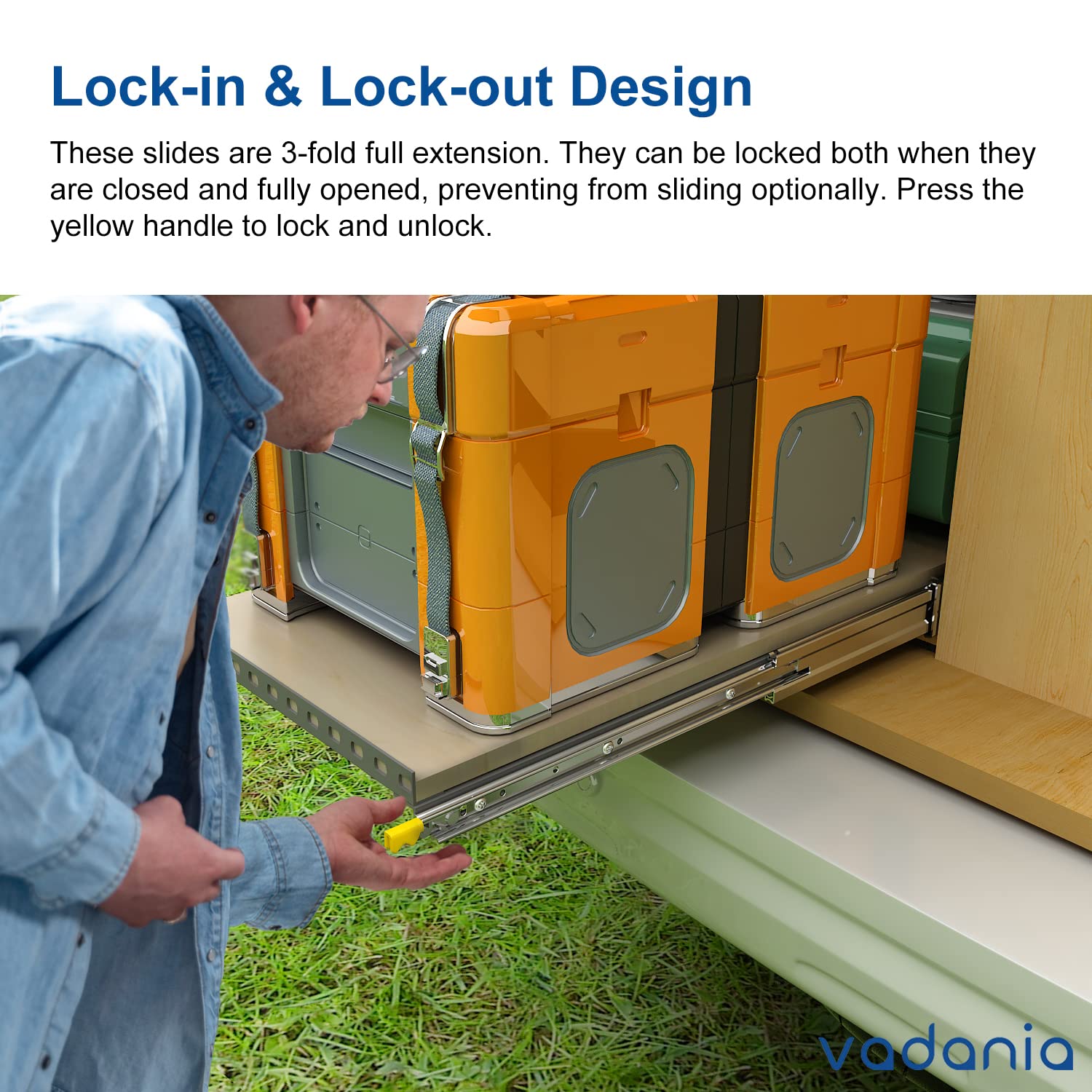 VADANIA 12" Heavy Duty Drawer Slide with Lock #D51, 150lb Load Capacity, 3-Fold Full Extension, Ball Bearing Lock-in & Lock-Out, Side Mount, 1-Pair