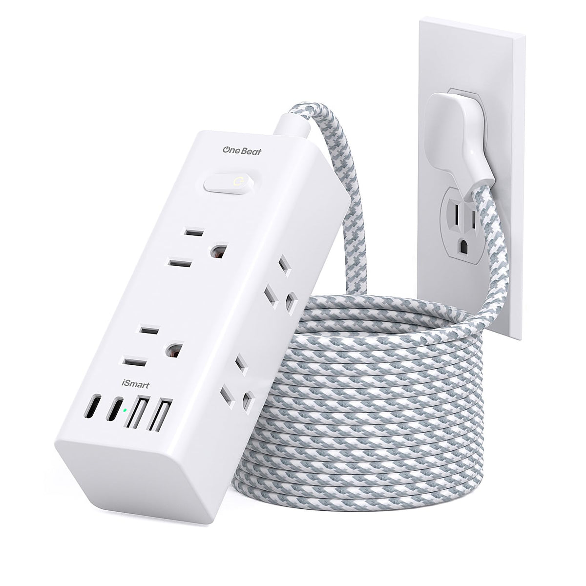 One Beat Short Extension Cord 1Ft, Flat Plug Power Strip Surge Protector - 6 Widely Outlets with 4 USB Ports (2 USB C), Wall Mount Small Power Strip for Travel, Home Office College Dorm Essentials