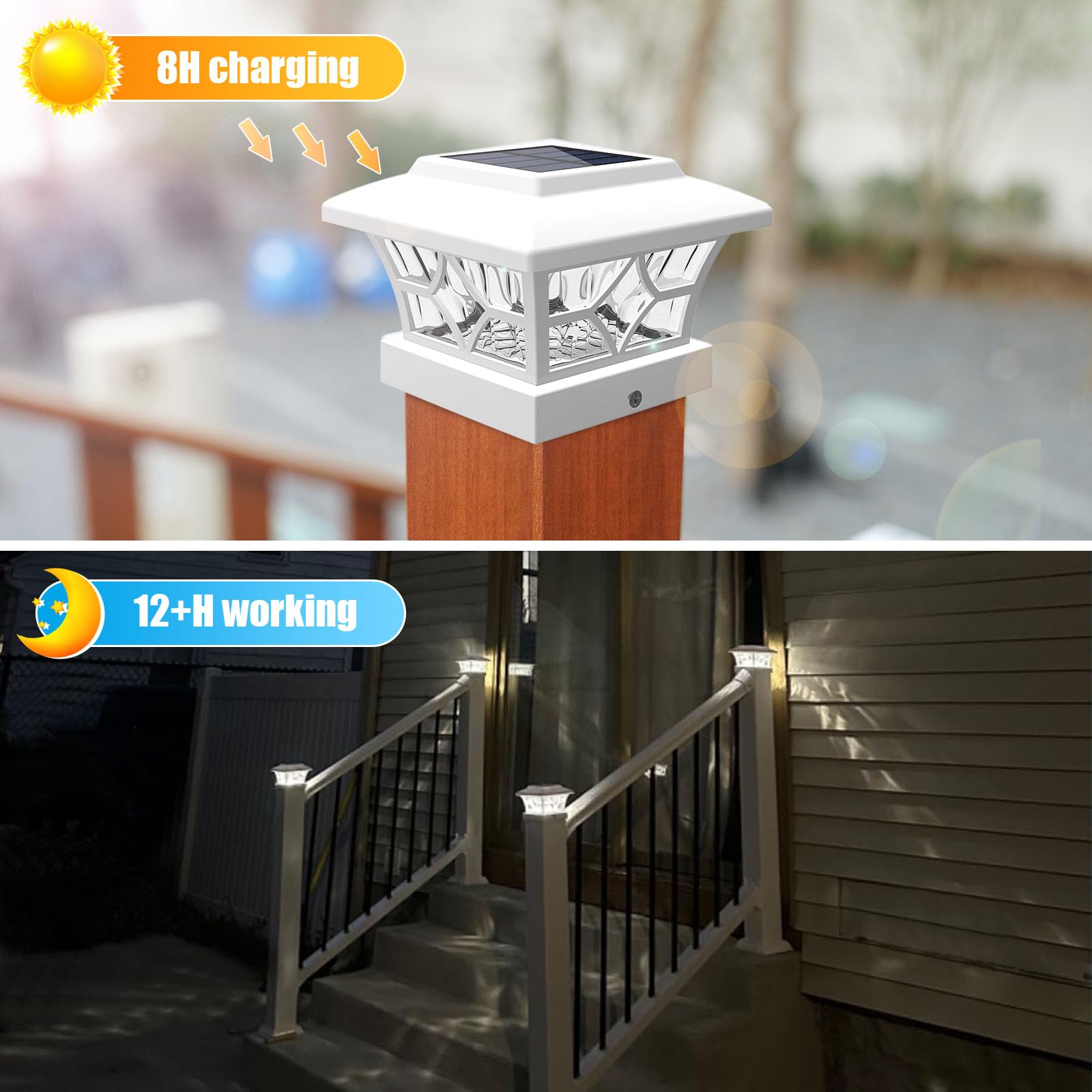 VOLISUN Solar Post Cap Lights Outdoor, Solar Powered Fence Cap Lights for 4x4 Vinyl/Wood, Black Waterproof Solar Deck Post Light 4Pack Cool/Warm for Garden Patio Porch