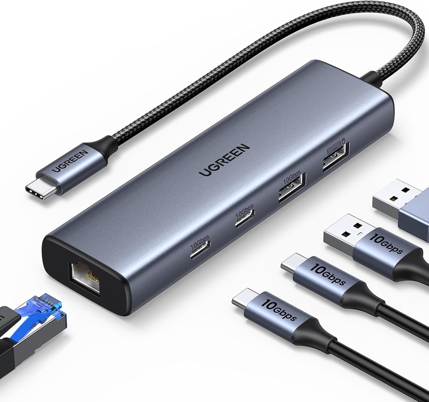 UGREEN USB C to Ethernet Adapter, 10Gbps Data Port 6-in-1 Hub Ethernet with 2*USB-C 3.2, USB-A 3.2/2.0, Gigabit RJ45, Power Port (Only for Adapter), Type C to Network Dongle for Laptop, MacBook, XPS