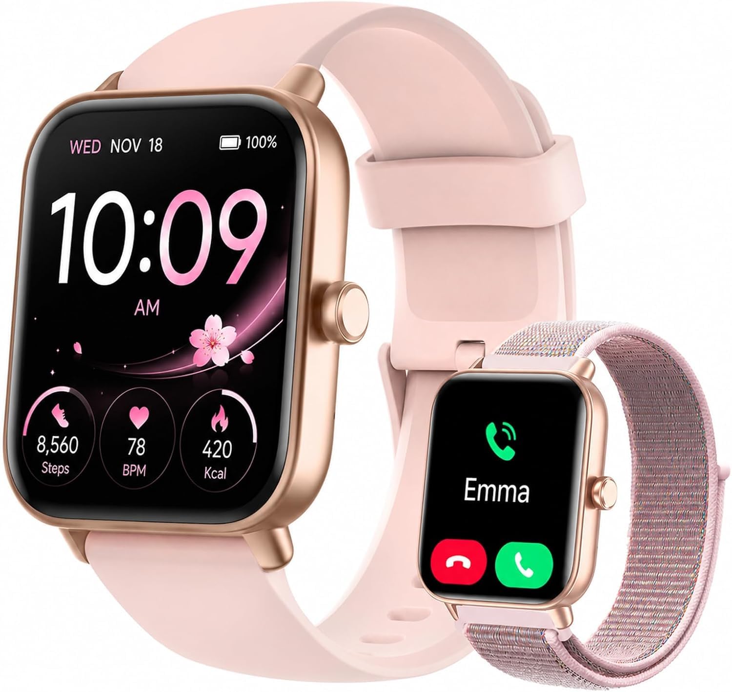 Quican Smart Watches for Women, Compatible for iPhone and Android Phones, Calling, Heart Rate/Sleep Monitor, Alexa, 1.8" Fitness Tracker Watch, Waterproof, Gifts for Women, Silicone Band, Baby Pink