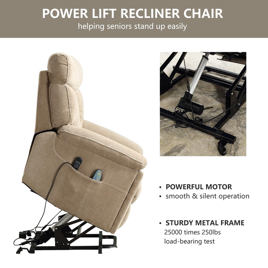 CANMOV Dual Motor Power Lift Recliner Chair for Elderly, 27" Extra-Wide Seat 450 lbs Weight Capacity Infinite Position Adjustment, with Heated Massage, Cup Holders and USB Port, Camel Fabric