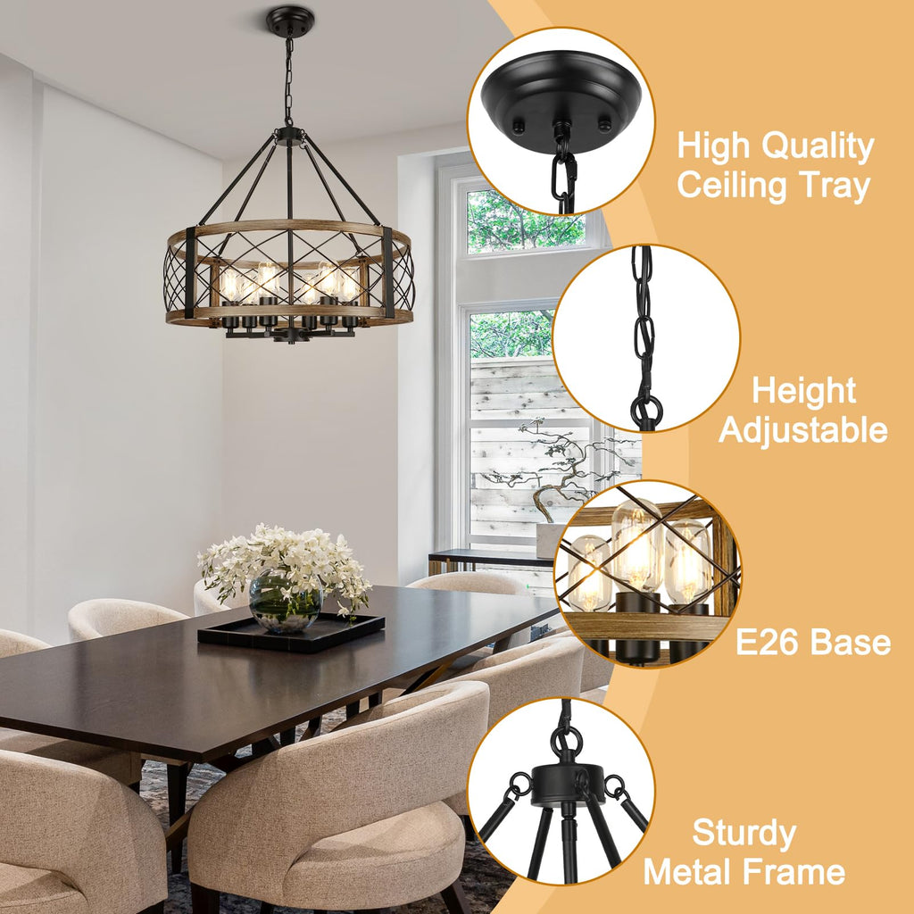 Modern Chandelier for Dining Room, 6-Light Wood Grain Finish Farmhouse Chandelier, 22.5” Rustic Drum Hanging Light Kitchen Island, Round Metal Hanging Light Fixture for Foyer, Entryway, Bedroom