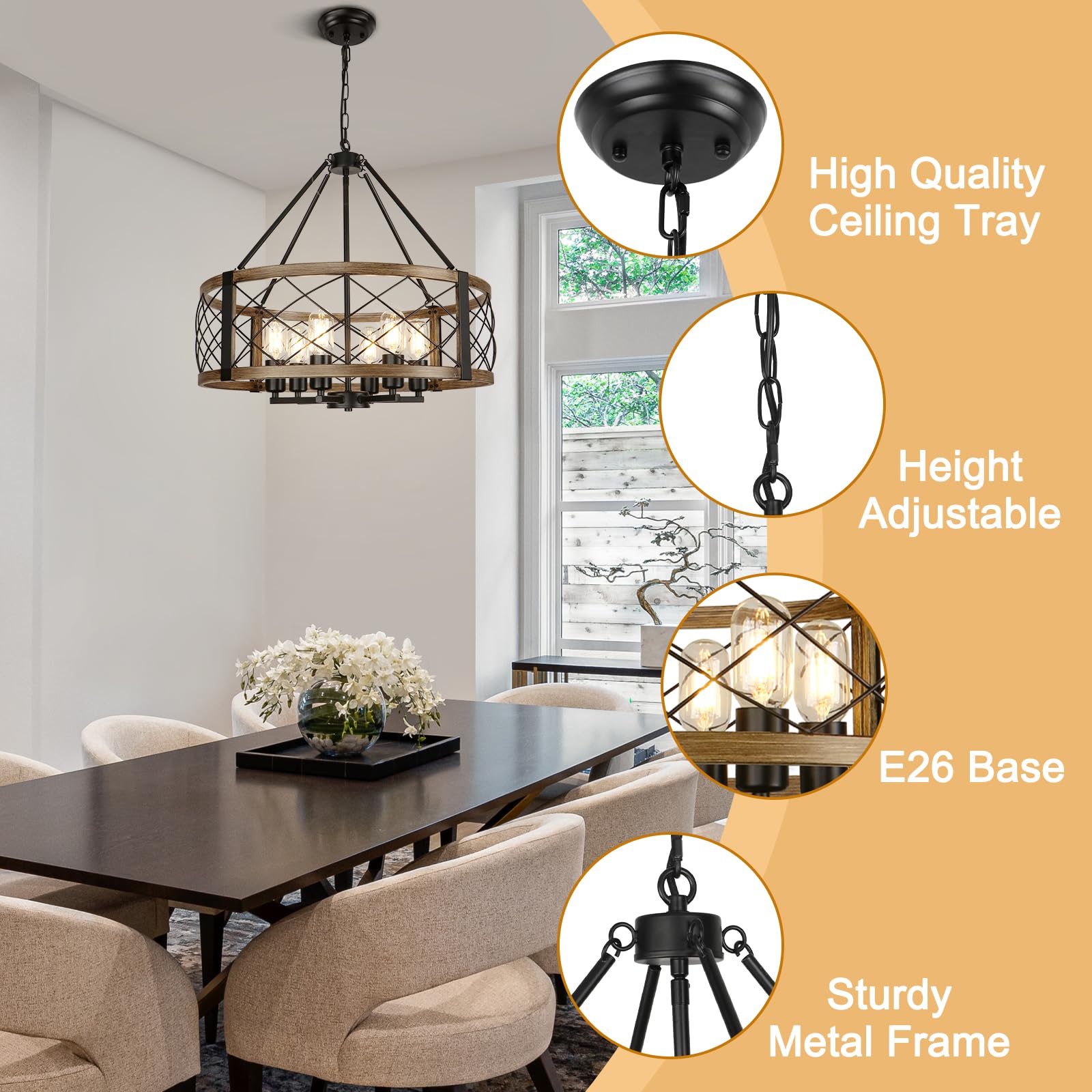 Modern Chandelier for Dining Room, 6-Light Wood Grain Finish Farmhouse Chandelier, 22.5” Rustic Drum Hanging Light Kitchen Island, Round Metal Hanging Light Fixture for Foyer, Entryway, Bedroom