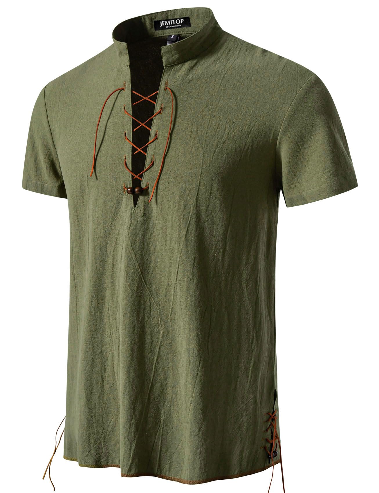 JEMITOP Men's Pure Cotton Vintage Short Sleeve Lace Up Shirts for Renaissance Pirate Viking Medieval Costume
