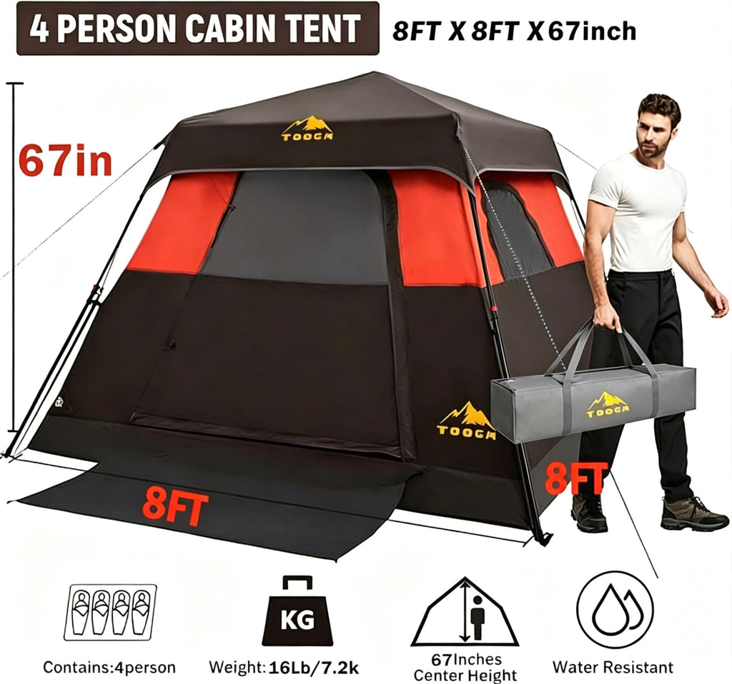 3/4 Person Camping Tent with 1 Door, 4 Windows, and Upgraded Ventilation– Instant Setup, Waterproof, 8'x 8'x 67''Oxford Fabric Floor Pop Up in 60 Seconds Includes Rainfly and Backpack