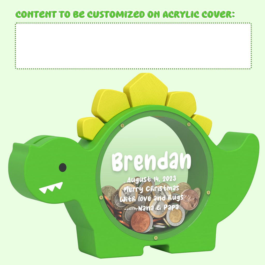 Summidate Wooden Dinosaur Piggy Bank for Kids Boys, Cute Wood Dino Money Bank for Toddlers, Creative Saving Coin Jar, Personalized Present for Child Birthday & Decor (Brachiosaurus, Custom)