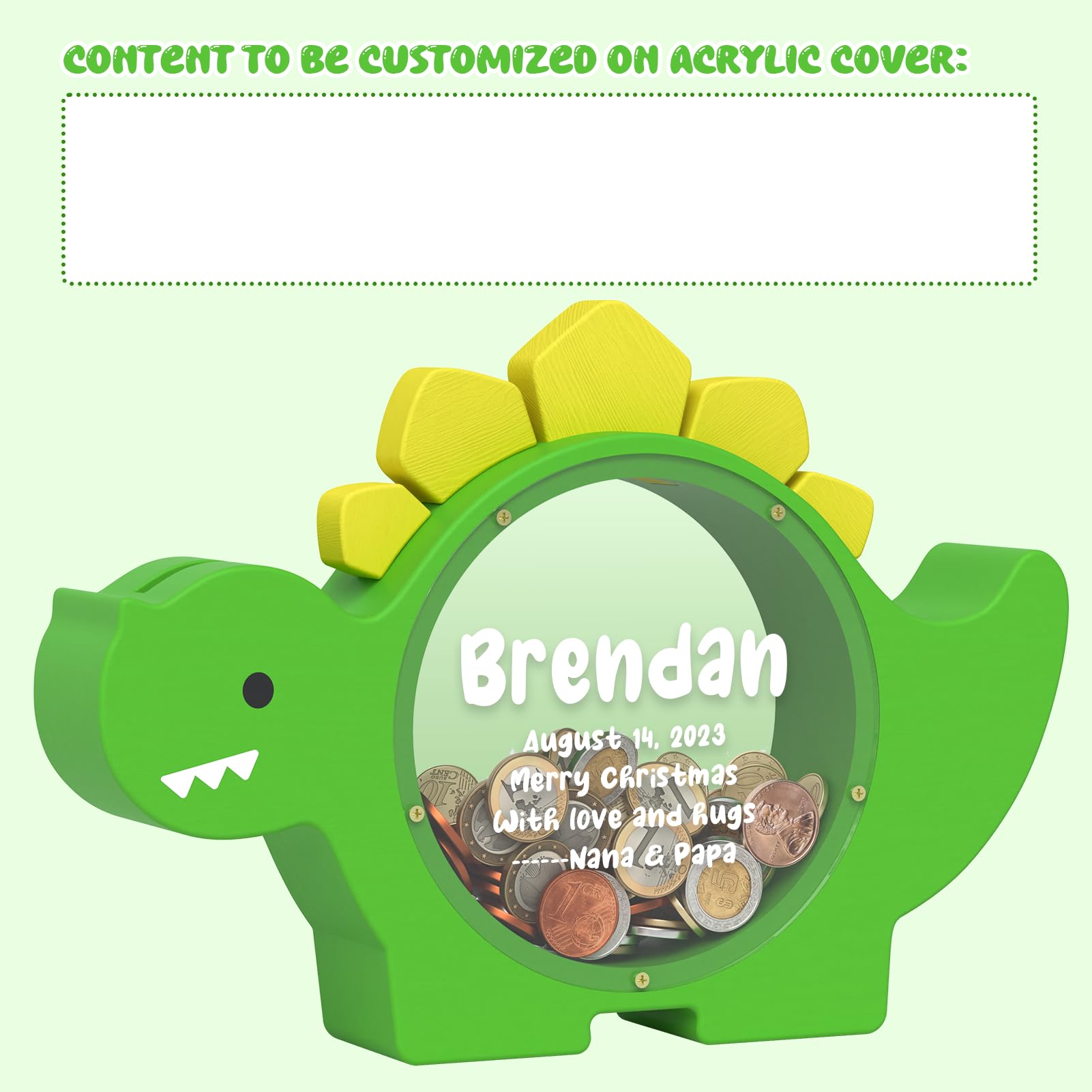 Summidate Wooden Dinosaur Piggy Bank for Kids Boys, Cute Wood Dino Money Bank for Toddlers, Creative Saving Coin Jar, Personalized Present for Child Birthday & Decor (Brachiosaurus, Custom)