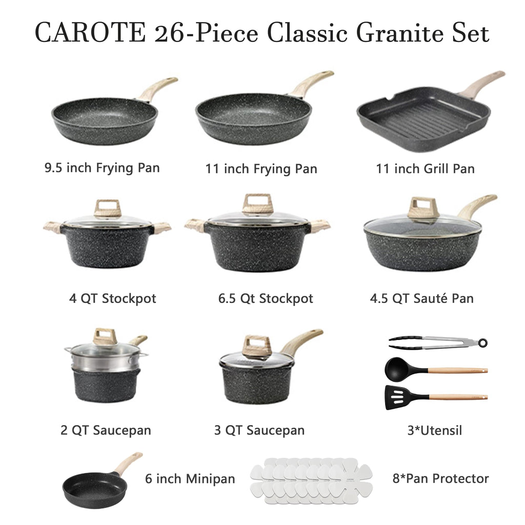 CAROTE 21pcs Pots and Pans Set Nonstick, Cookware Set Black Induction Kitchen Cooking Set w/Frying Pans & Saucepans(PFOS, PFOA Free)