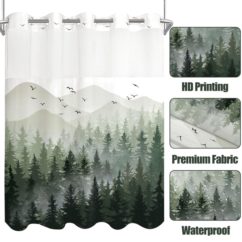 Stall Small Black and White Misty Forest Shower Curtain Ombre Gray Grey Mountain Pine Tree Waterproof Fabric Shower Curtains for Bathroom Nature Woodland Decorative Bath Curtain Decor 36×72 Inches