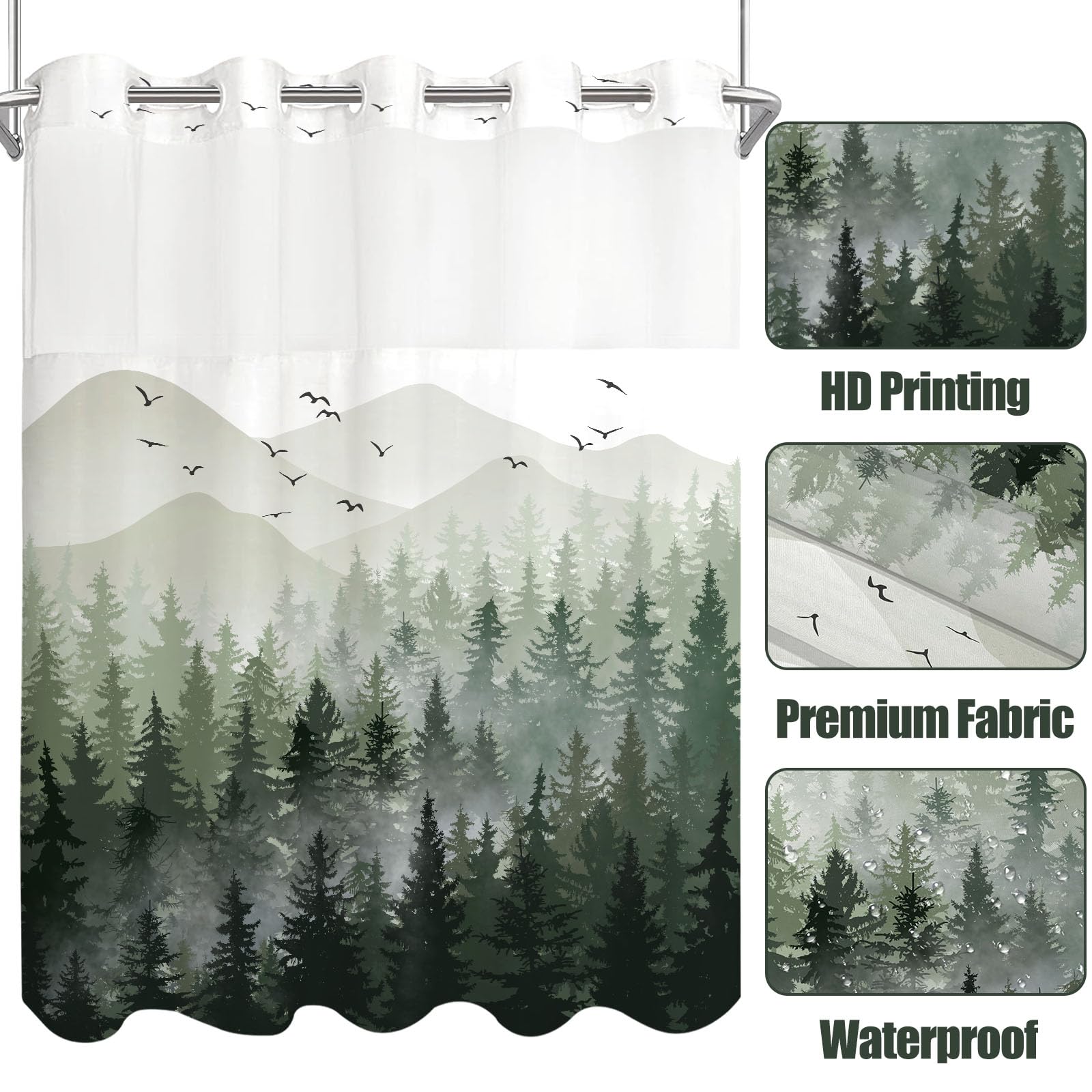 Stall Small Black and White Misty Forest Shower Curtain Ombre Gray Grey Mountain Pine Tree Waterproof Fabric Shower Curtains for Bathroom Nature Woodland Decorative Bath Curtain Decor 36×72 Inches