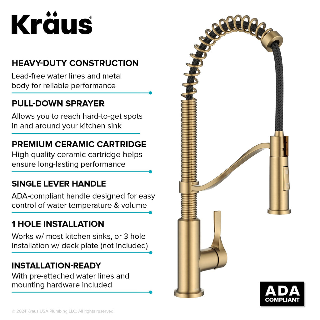 KRAUS Torak Pull Down Kitchen Faucet in Matte Black with Commercial Style Spring Spout, 2 Function Sprayer, Pre-Attached Water Lines, and Mounting Hardware, KPF-2635MB