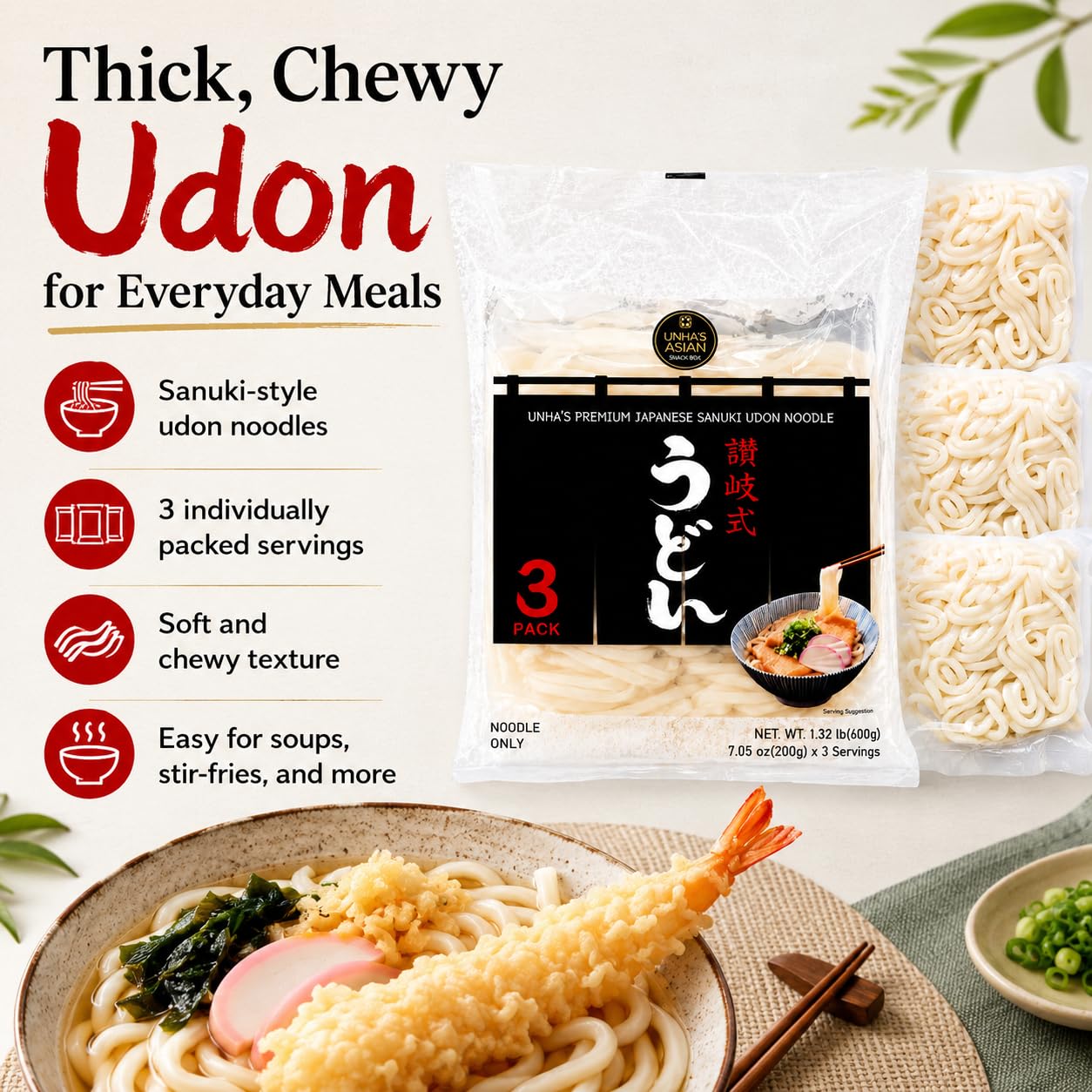 Unha's Japanese Sanuki Fresh Udon Noodles, Jumbo Chewy, 21.15 oz 1 Pack | jumbo chewy udon, no soup included, yaki udon stir fry, noodle soup, nabeyaki hot pot, quick meal