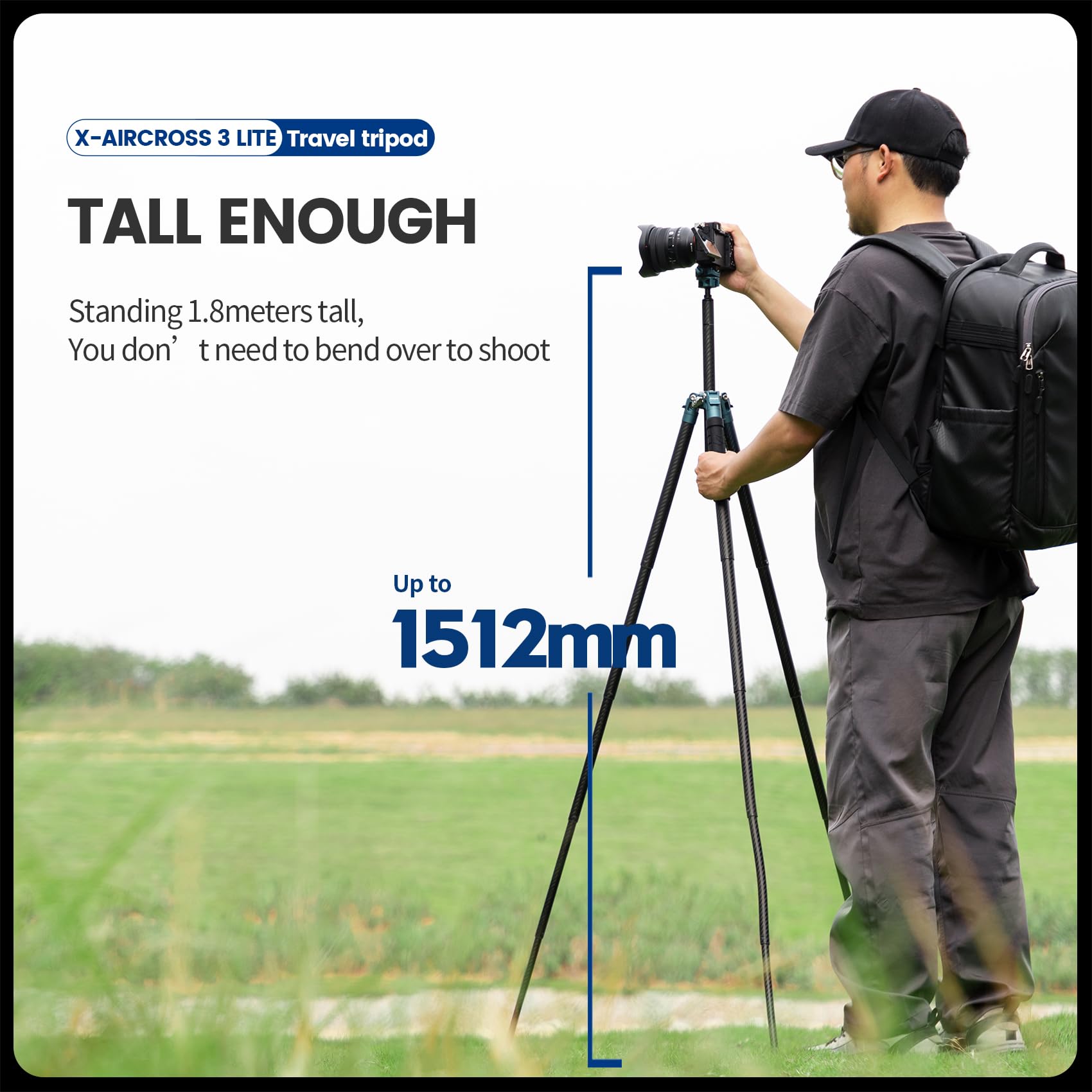 Fotopro 60" Camera Tripod, Carbon Fiber Travel Tripod with 360° Ball Head, Ultralight 2.1lbs, 22lbs Load, Quick Lock, Folds to 14.3" Carry-On, for DSLR Mirrorless Cameras, X-Aircross 3 Blue