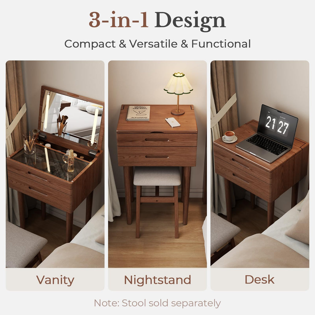 Muwuele Solid Wood Small Vanity Desk with Mirror and Lights, Narrow Makeup Vanity for Small Space, Flip Top Vanity Side Table, 3 Color Modes & Adjustable Brightness, 19.6" Slim Dressing Table, Black