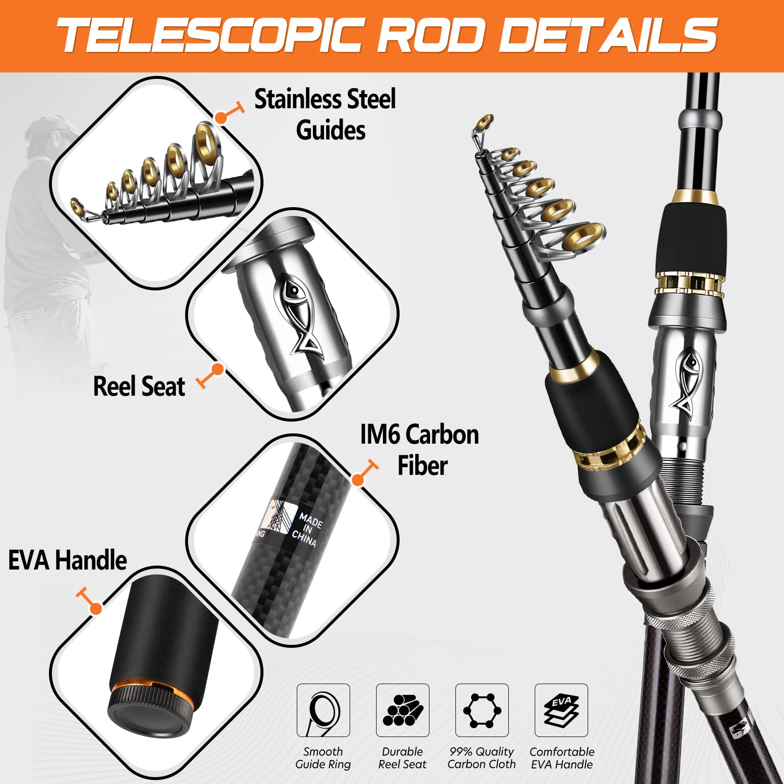 PLUSINNO Fishing Rod, Telescopic Fishing Rod and Reel Combo, Collapsible Travel Fishing Pole Rod Starter Kit, Carbon Fiber Fishing Rods and 12 +1 Bearings Stainless Steel, Fishing Gifts for Men Adults