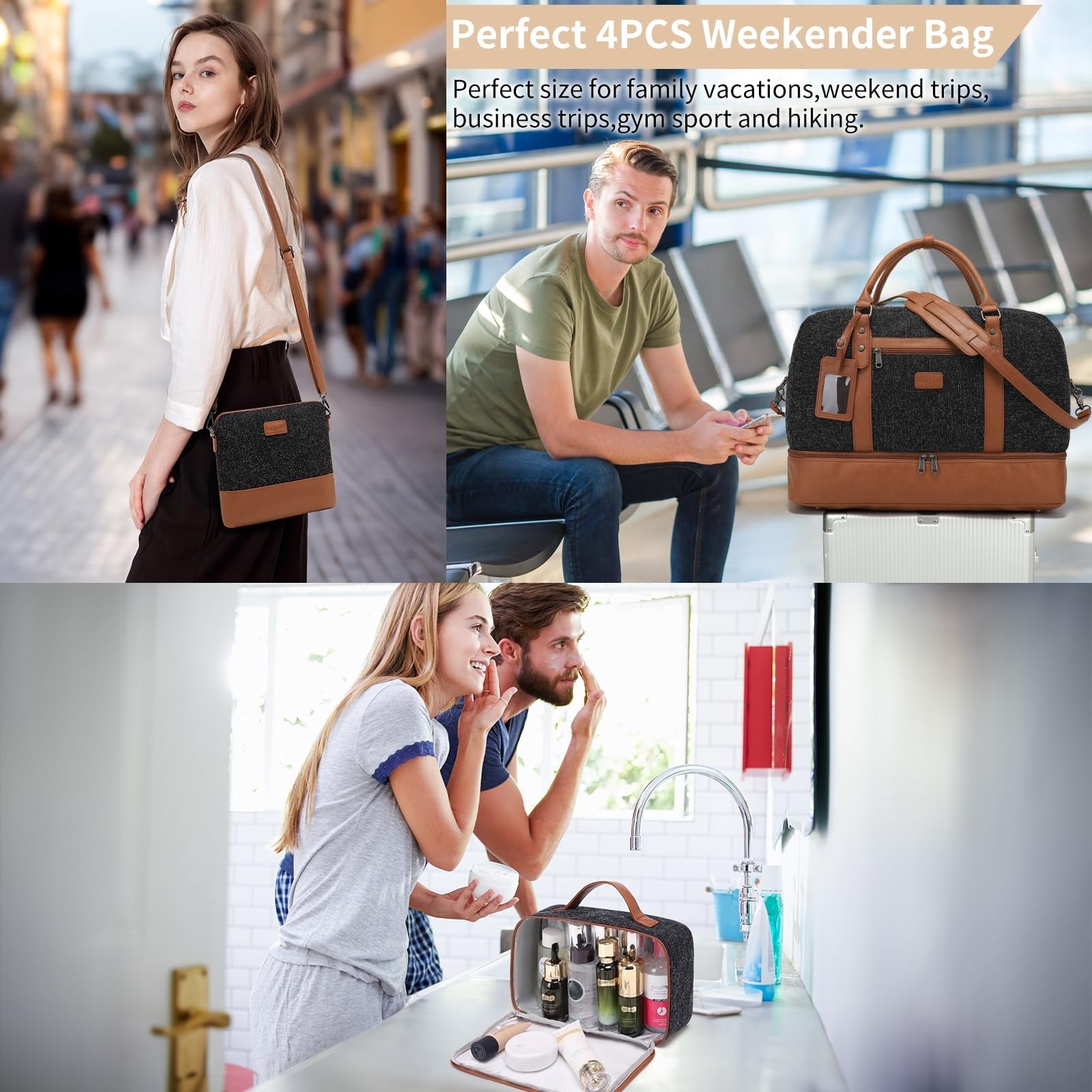 Wogarl 4PCS Weekender Bags for Women Large Overnight Weekend Travel Duffel Carry on Shoulder with Shoe Compartment Canvas Toiletry Bag for Travel Business Gym