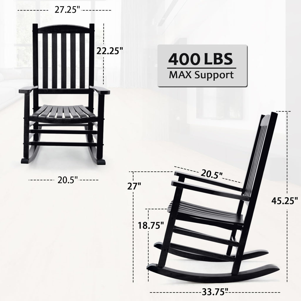 Hupmad Wooden Rocking Chair Outdoor Oversized Porch Rocker Chair,Patio Wooden Rocker with High Back and Armrest,All Weather Rocker Slatted for Backyard,Garden,400 lbs Support,Black