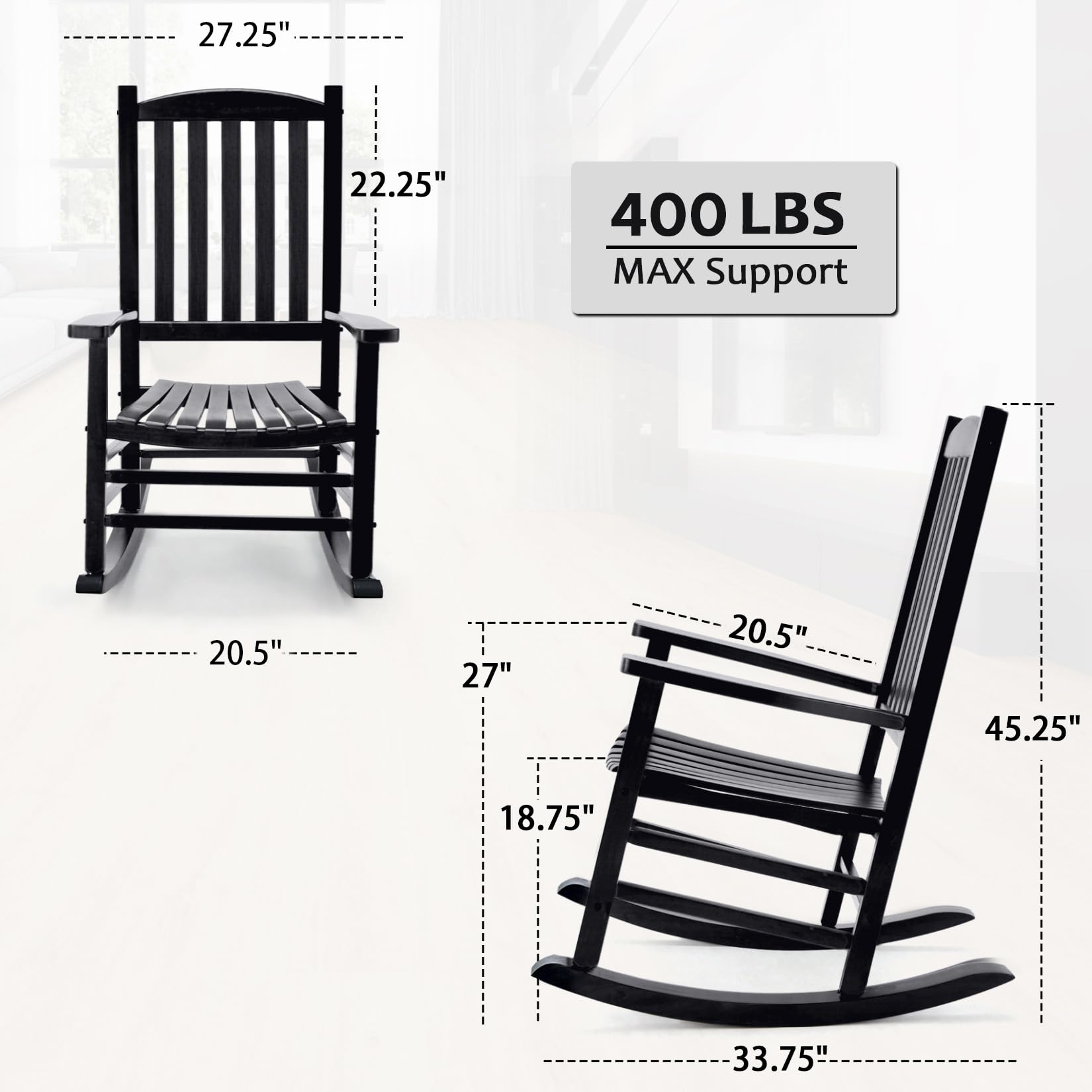Hupmad Wooden Rocking Chair Outdoor Oversized Porch Rocker Chair,Patio Wooden Rocker with High Back and Armrest,All Weather Rocker Slatted for Backyard,Garden,400 lbs Support,Black