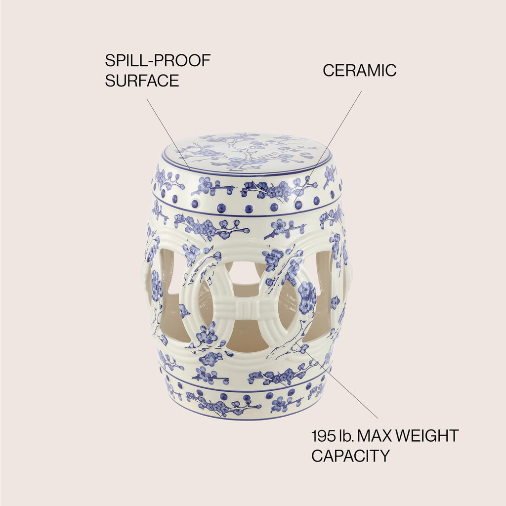 JONATHAN Y Lucky Coins 16" Ceramic Garden Stool, Contemporary Blue/White Cutout Interlocking Rings Drum Indoor/Outdoor Side Table and Plant Stand for Patio, Garden, Living Room TBL1027A