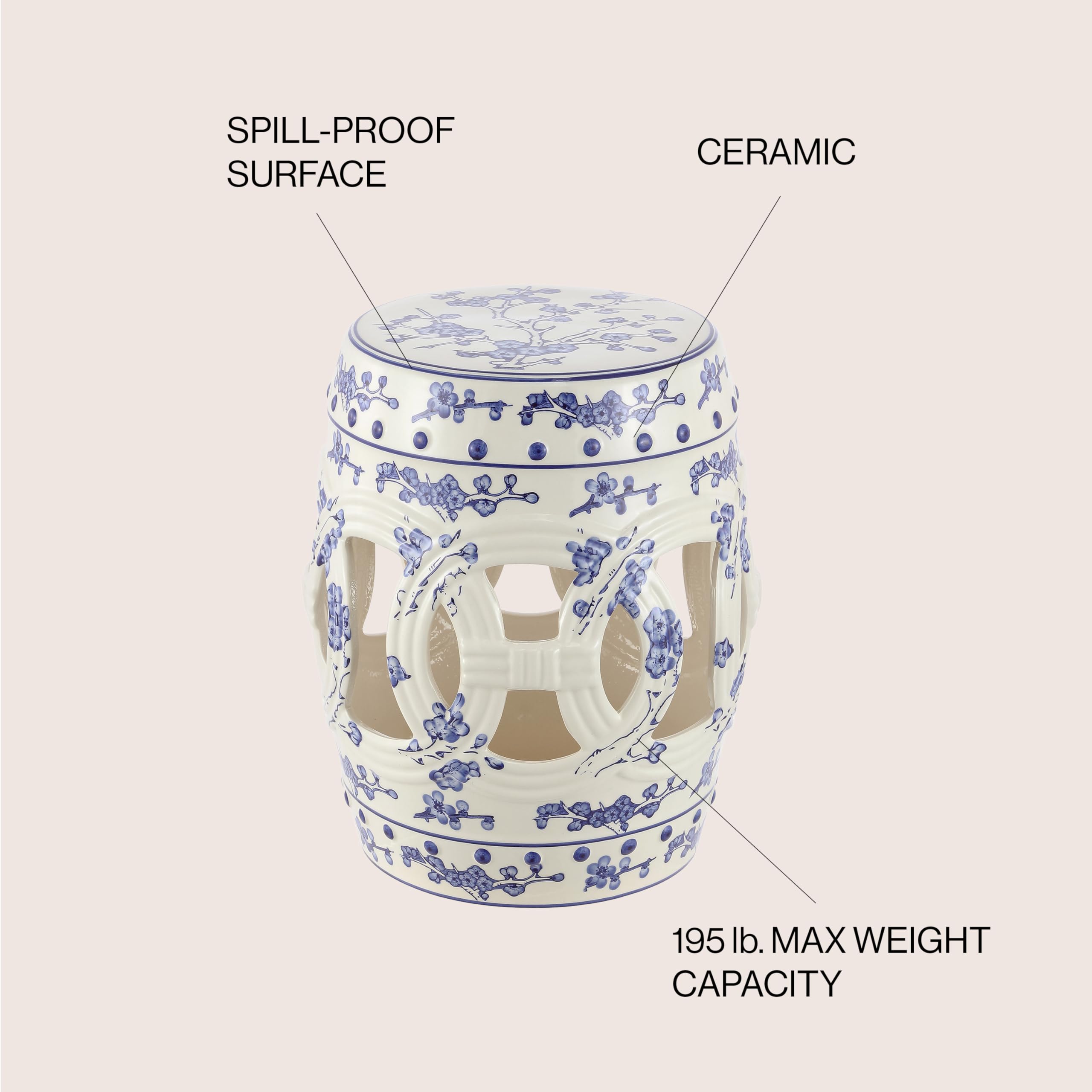 JONATHAN Y Lucky Coins 16" Ceramic Garden Stool, Contemporary Blue/White Cutout Interlocking Rings Drum Indoor/Outdoor Side Table and Plant Stand for Patio, Garden, Living Room TBL1027A