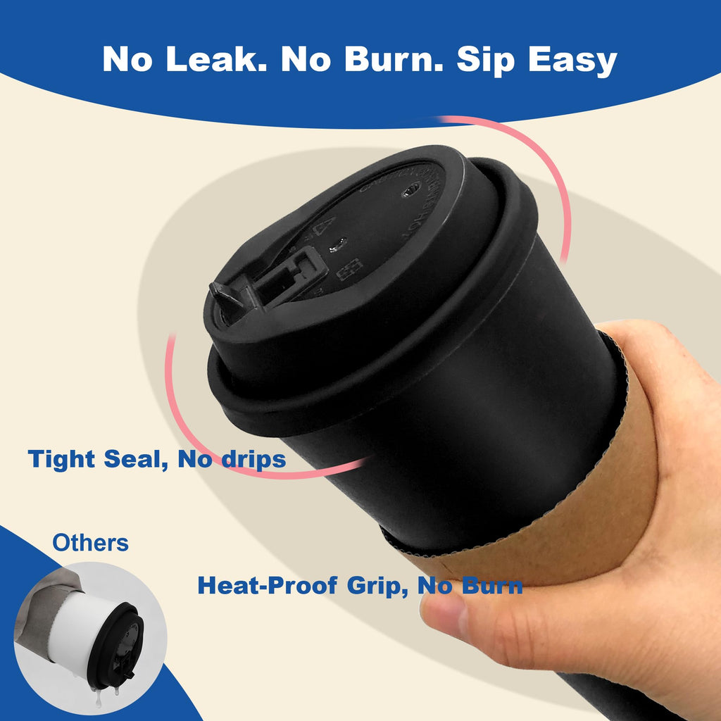 16 oz 100 Pack Corrugated Ripple Wall Disposable Coffee Cups with Lids and Straws, Heavy Duty Insulated Cups for Hot Beverage or Cold Drinks, Bulk for Restaurants, Offices, Coffee Shops(Black)