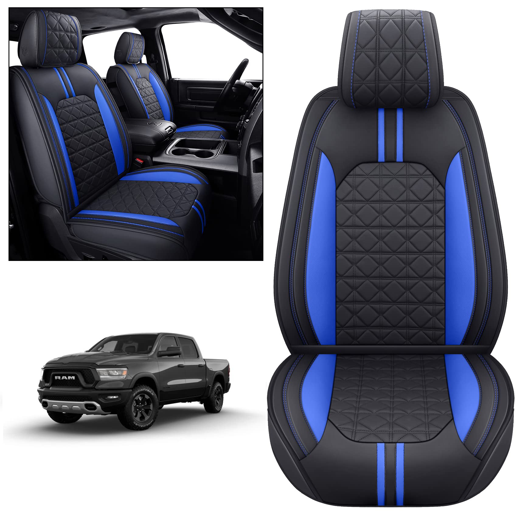 YIERTAI Dodge RAM Seat Covers Fit for 2009-2023 2024 2025 2026 1500/2500/3500HD Pickup Front Seats Only Crew Double Cab Quad Cab Waterproof Leather Seat Covers(2 PCS Front only/Black)