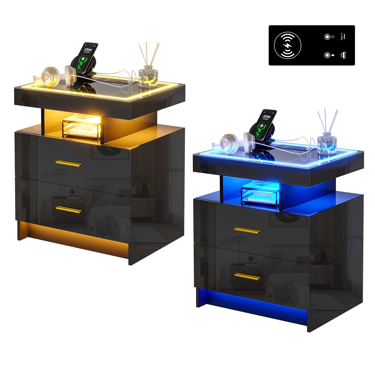 HNEBC LED Nightstand with Charging Station,Smart Bedside Table with Motion Sensor Lights,3 Drawers,Tempered Glass Top,High Gloss End Table with 3 Color Lights for Bedroom, Living Room,Office-Black