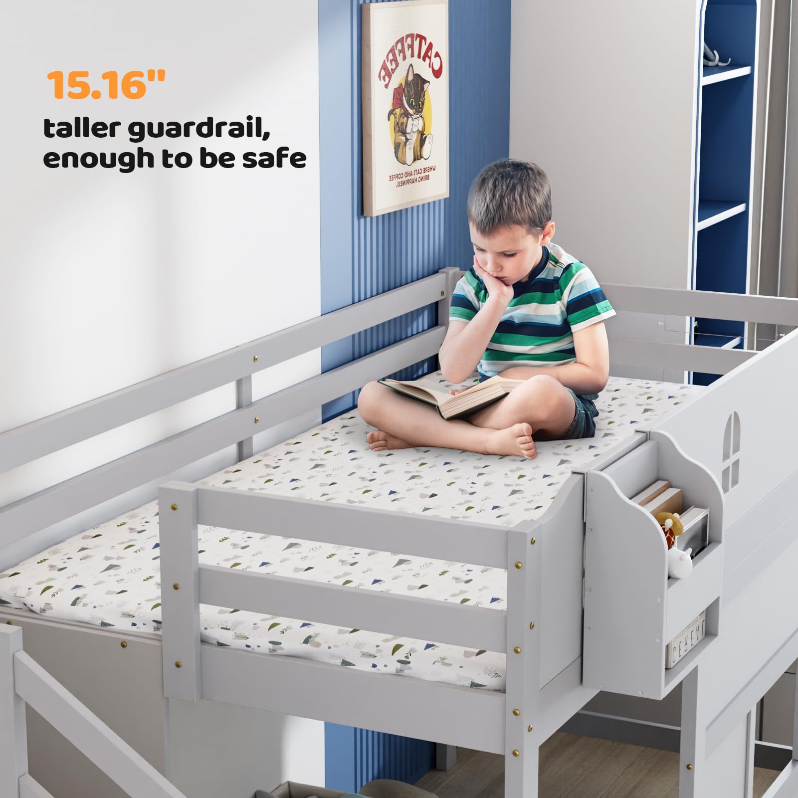 JOYMOR Low Loft Bed Twin Size with LED Lights, 4 Storage Shelves, Removable Curtain, Kids Wood Loft Bed with 15" H Safety Guardrail, Spave Saving, Mattress Not Included (Gray)