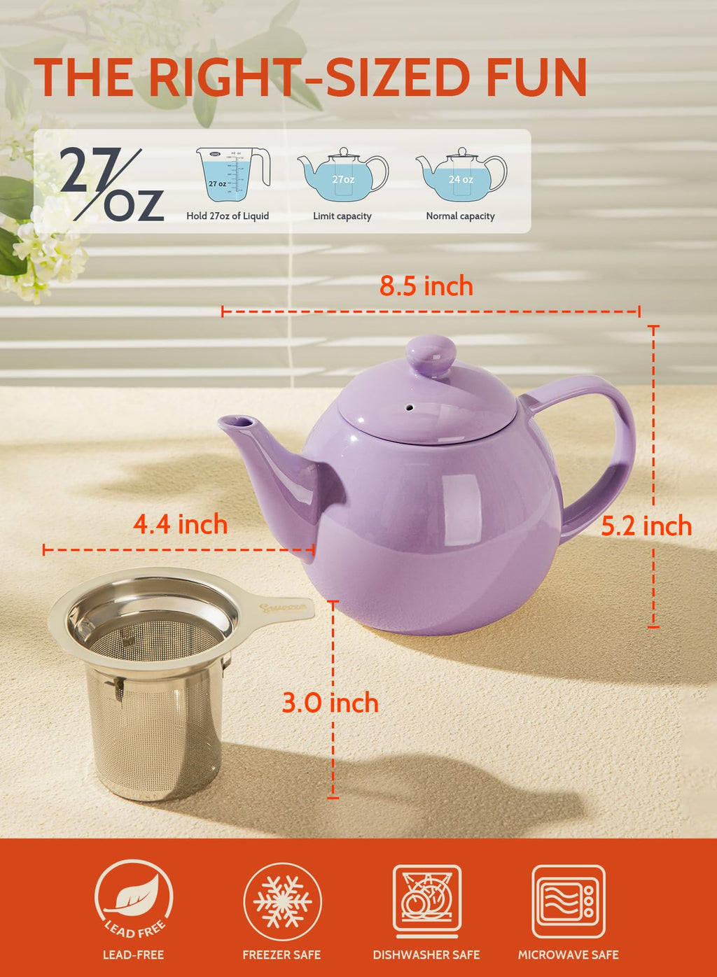 Sweese Porcelain Teapot 27 oz with Infuser for Loose Leaf Tea, Bluish Grey