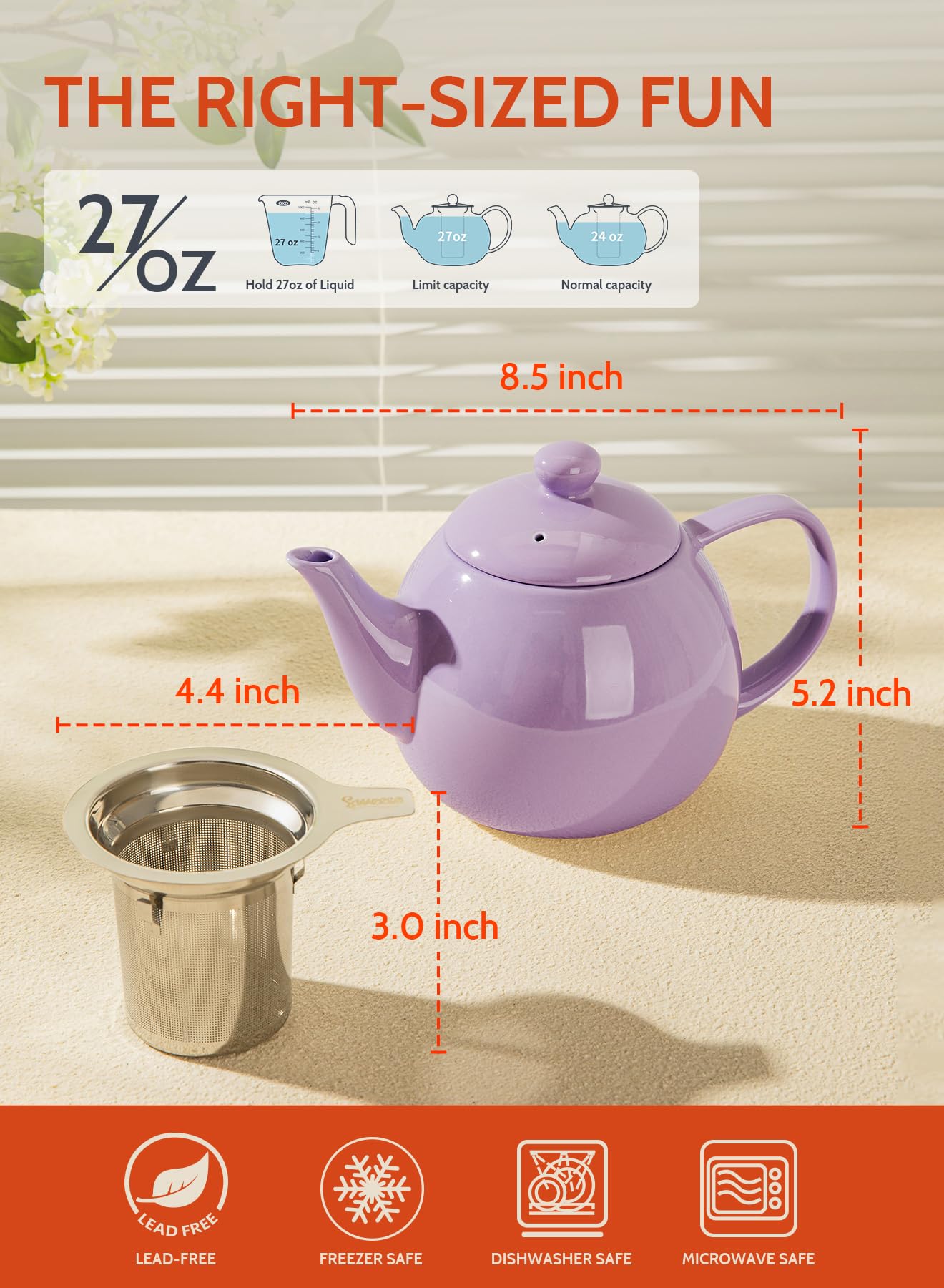 Sweese Porcelain Teapot 27 oz with Infuser for Loose Leaf Tea, Bluish Grey