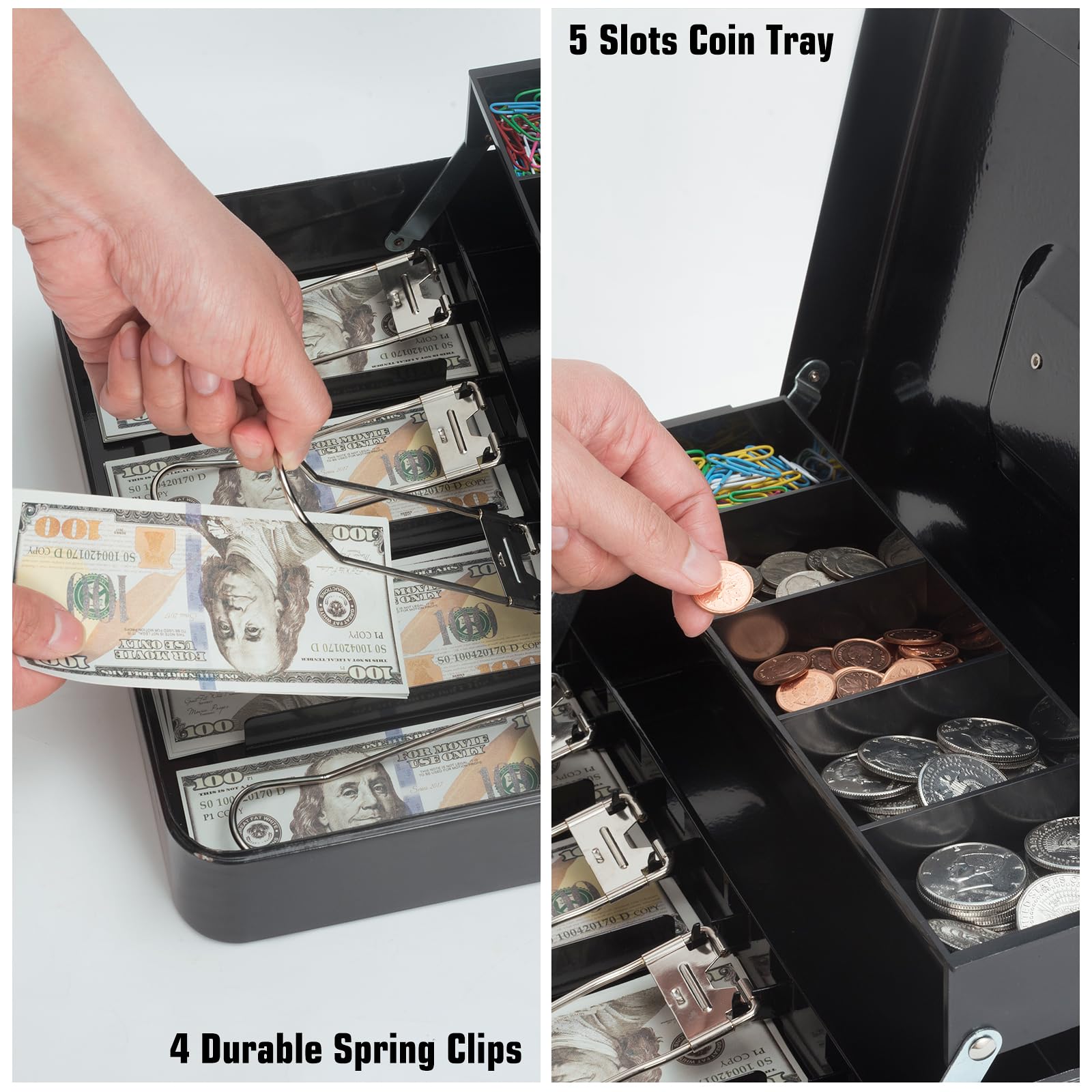 Cash Box with Money Tray and Key Lock, Saving Lock Box with Money Tray Storage for Cash Register 11.8"x9.45"x3.54" Black XL Large