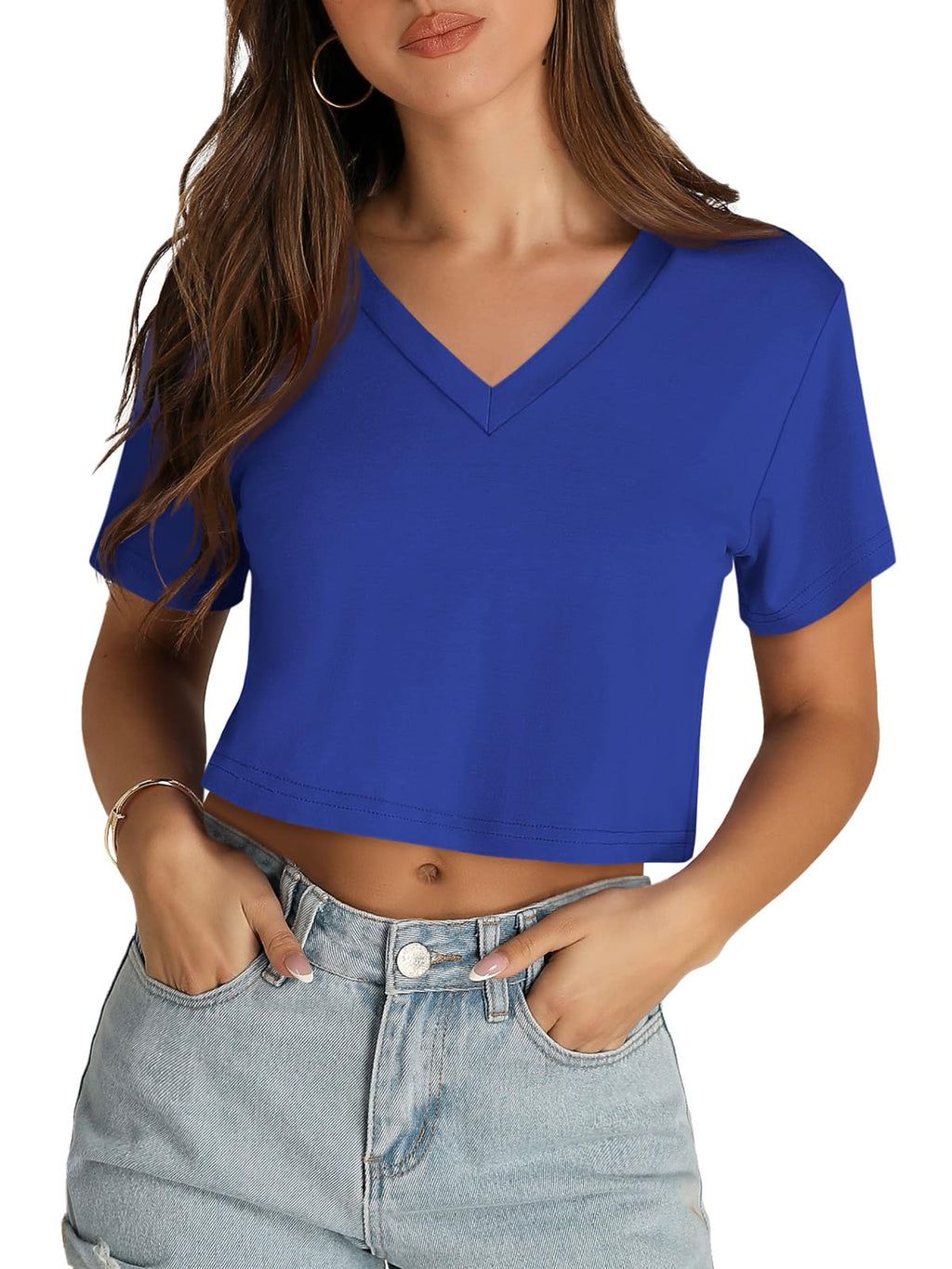 Womens Crop Tops Summer Baisc Tees V Neck T Shirts Casual Short Sleeve Cropped Top 2026
