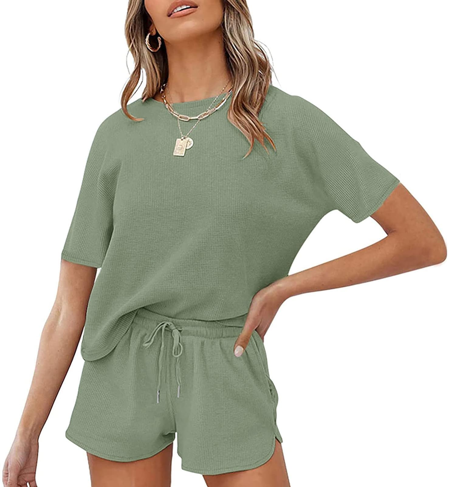 MEROKEETY Women's Short Sleeve Waffle Pajama Sets Lounge Top and Shorts 2 Piece Tracksuit Outfits