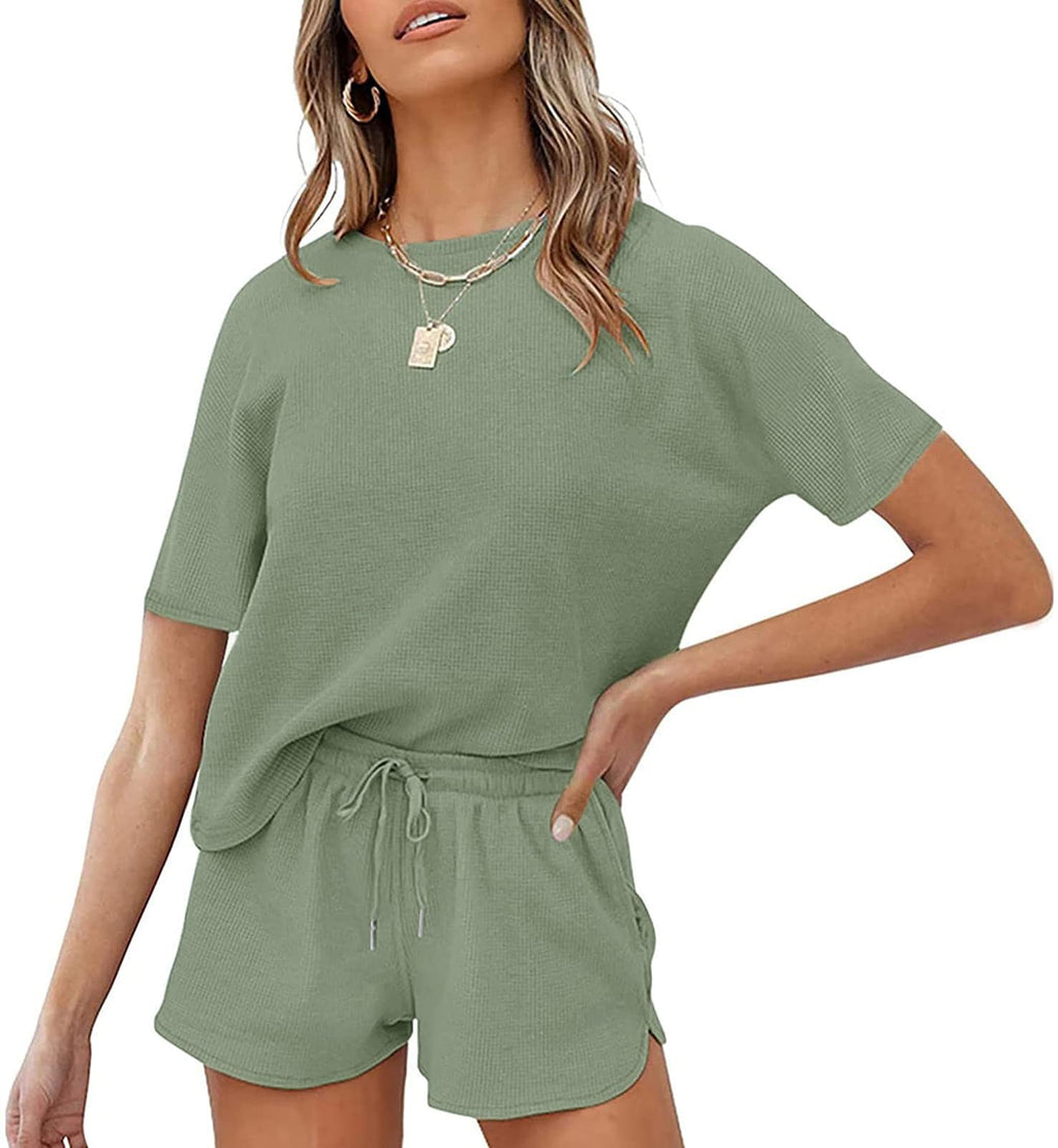 MEROKEETY Women's Short Sleeve Waffle Pajama Sets Lounge Top and Shorts 2 Piece Tracksuit Outfits